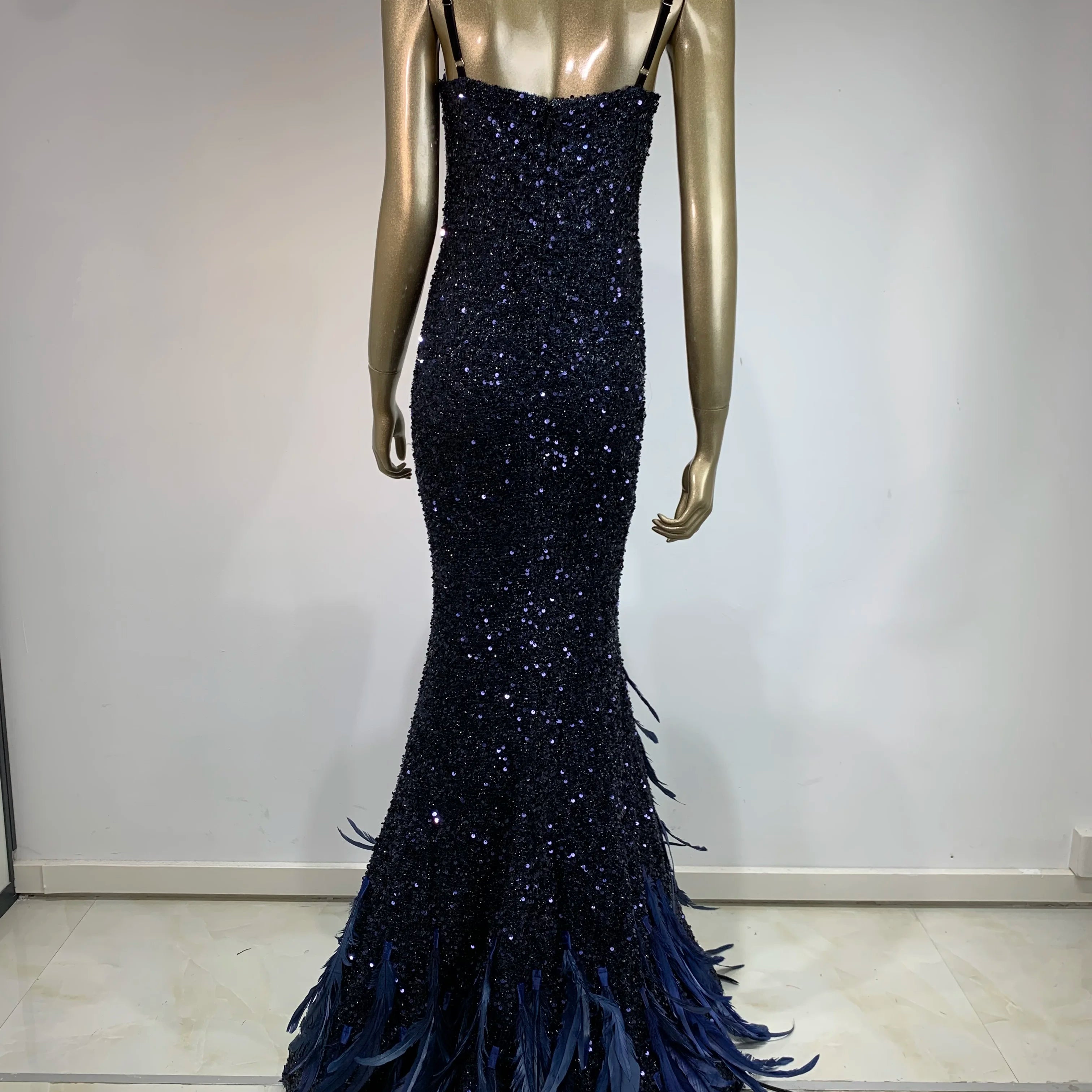 Women Summer Sexy V Neck Mesh Sequins Blue Feather Maxi Long Dress 2024 Elegant Party Evening Stage Performance Dress Vestido