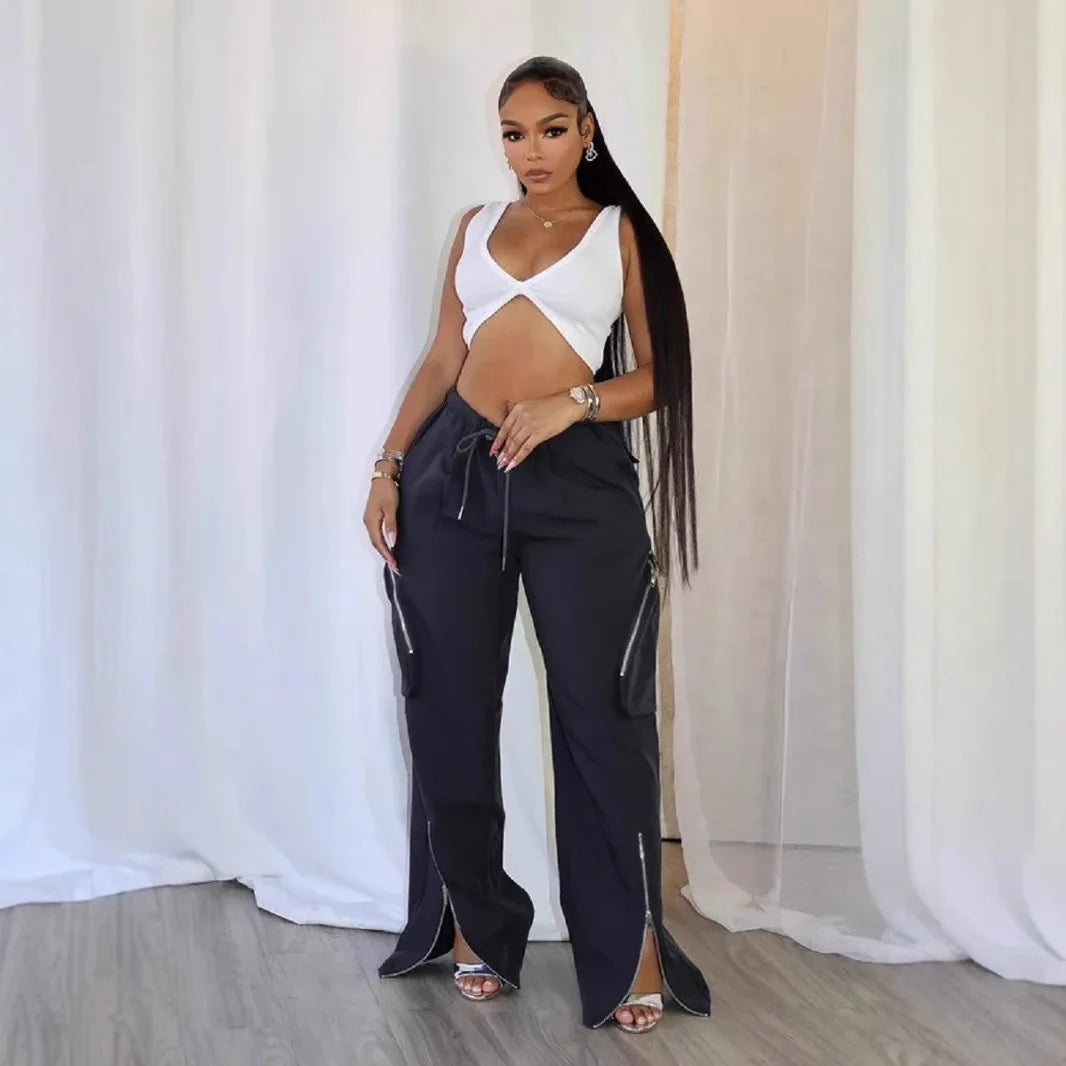 Women Fashion Zipper Pocket Side Zip Fly Split Hem Wide Leg Safari Style Pants 2025 Drawstring Summer Cargo Trousers Black