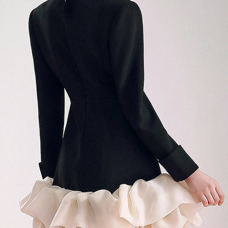 Colorblock Patchwork Diamonds Elegant Dresses For Women V Neck Long Sleeve High Waist Spliced Organza Dress Female