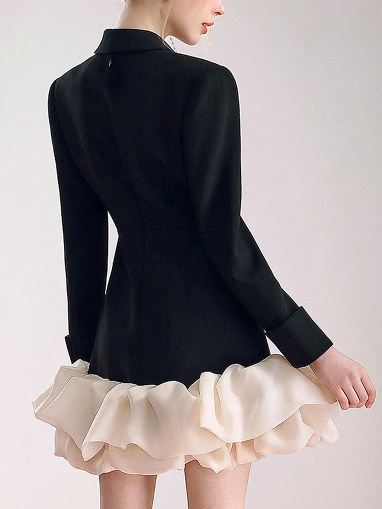 Colorblock Patchwork Diamonds Elegant Dresses For Women V Neck Long Sleeve High Waist Spliced Organza Dress Female