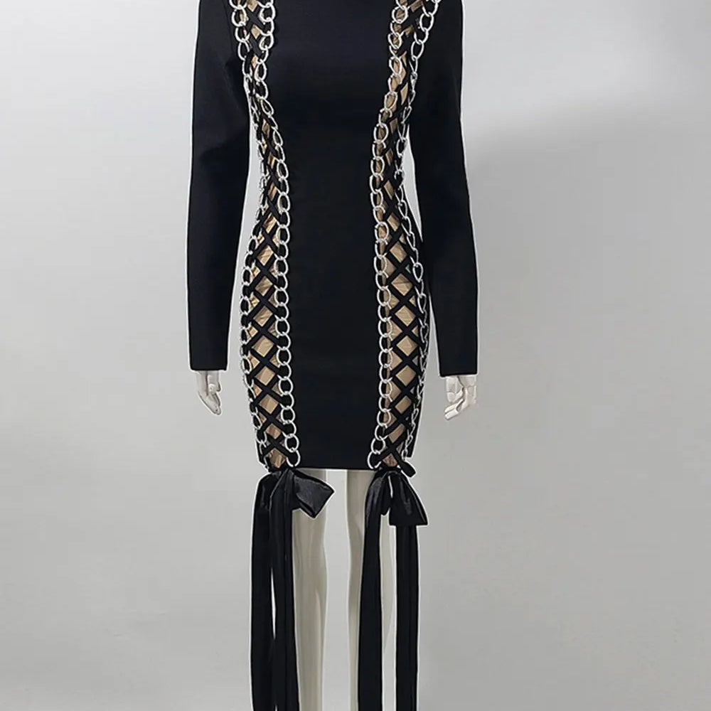 2024 New Women's Sexy Drawstring Strap Bandage Dress O-neck Long Sleeve Bodycon Mini Dress Cocktail Evening Party Vestidos