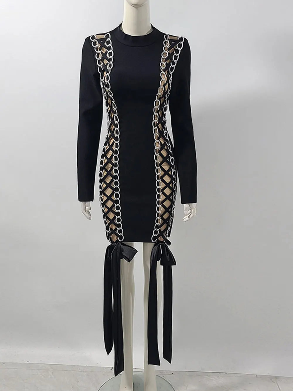 2024 New Women's Sexy Drawstring Strap Bandage Dress O-neck Long Sleeve Bodycon Mini Dress Cocktail Evening Party Vestidos