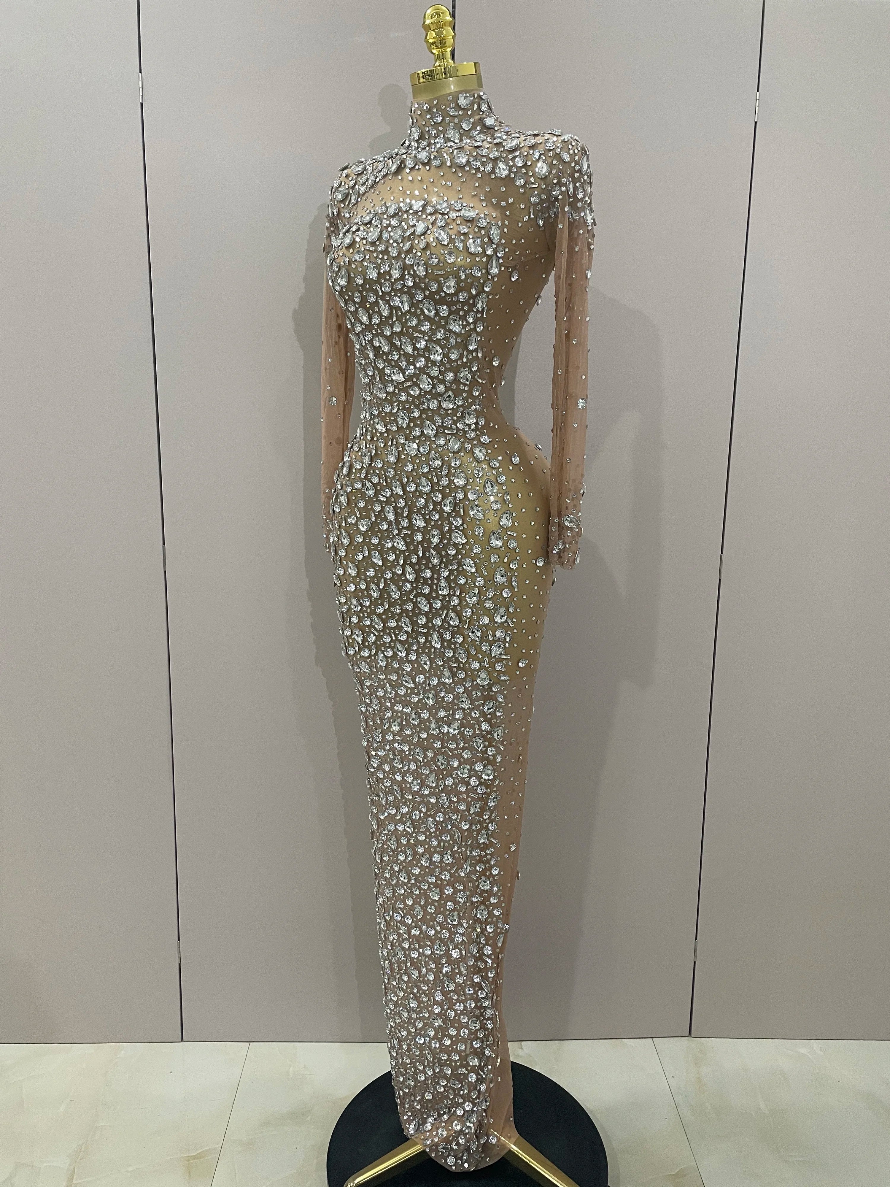 Sparkly Silver Big Rhinestone Sexy Transparent Long Dress 2025 Women Evening Birthday Party Celebrate Club Dancer Stage Costume