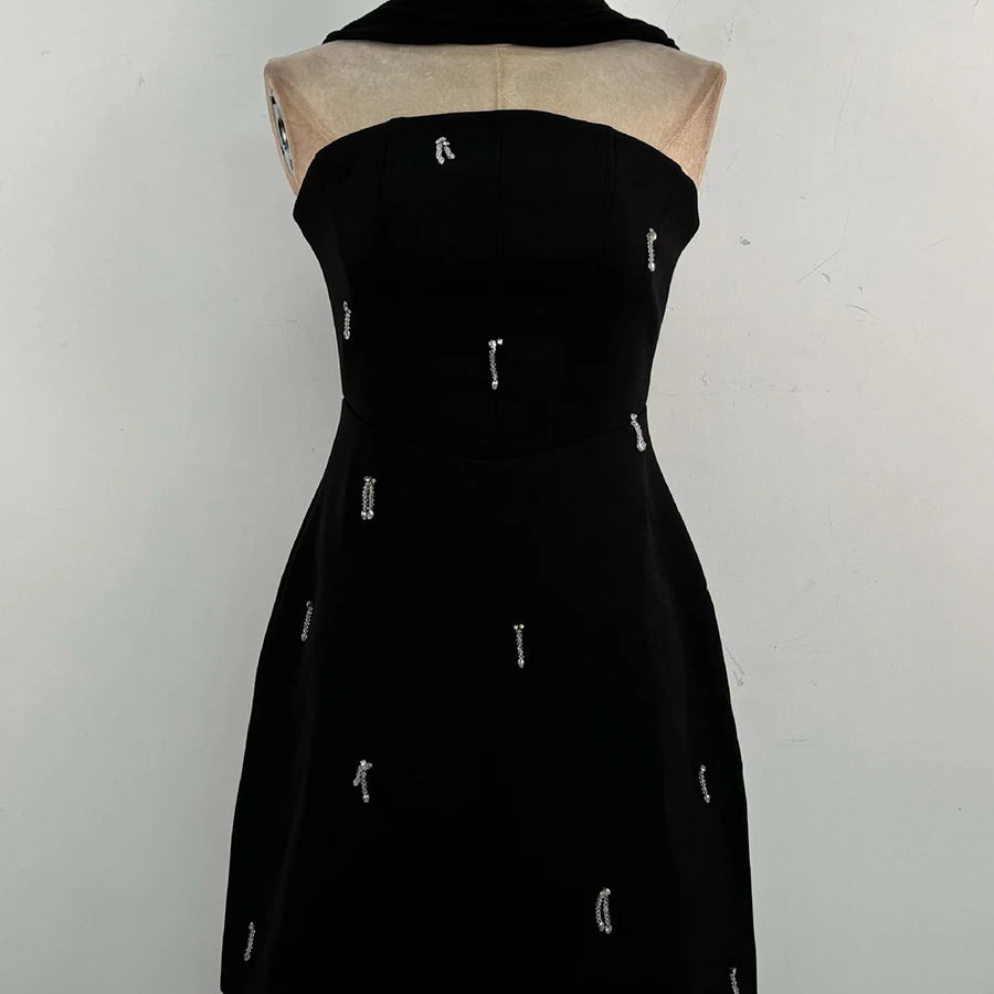 Solid Slimming Spliced Bead Elegant Dresses for Women Strapless Sleeveless Temperament Mini Dress Female Fashion BLACK