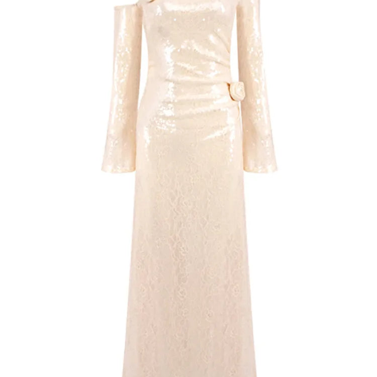 Chic Luxury Women Celebrity Sexy One Shoulder Beige Mesh Sequins Maxi Long Gowns Dress 2025 Elegant Evening Party Club Vestido