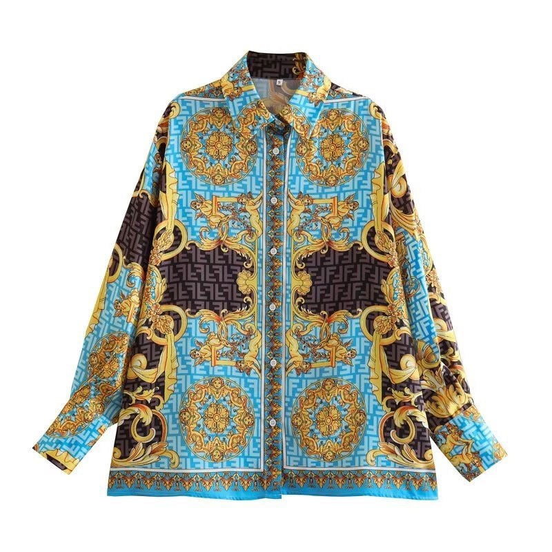 Retro Flower Printed Blazer Suits For Women Spring OL Casual Long Sleeve Jacket Wide-Leg Pants Female Trendy 2 Piece Sets Outfit 03 Blue shirt