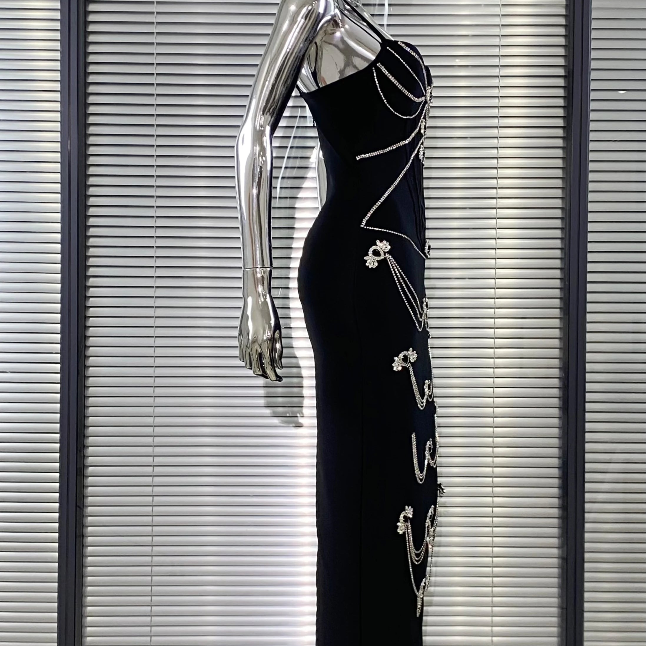 Luxury Woman Haute Couture Evening Dress Sparkling Diamonds Strapless Black Ankle Length Bandage Dress Birthday Party Outfit