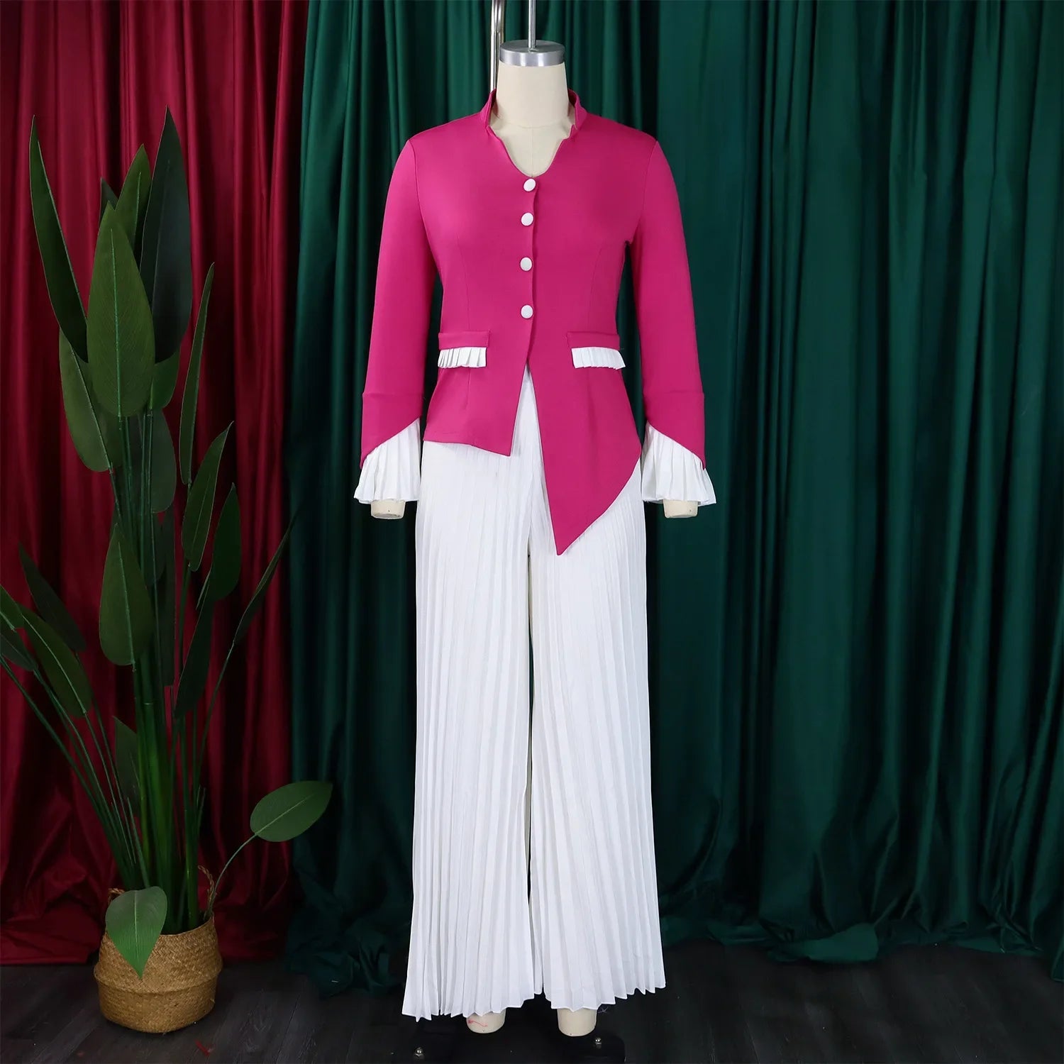 CM.YAYA Women's Set Full Flare Sleeve Button Blazer Shirt + Pleated Long Pants Suit Streetwear Two 2 Piece Set Africa OL Outfits