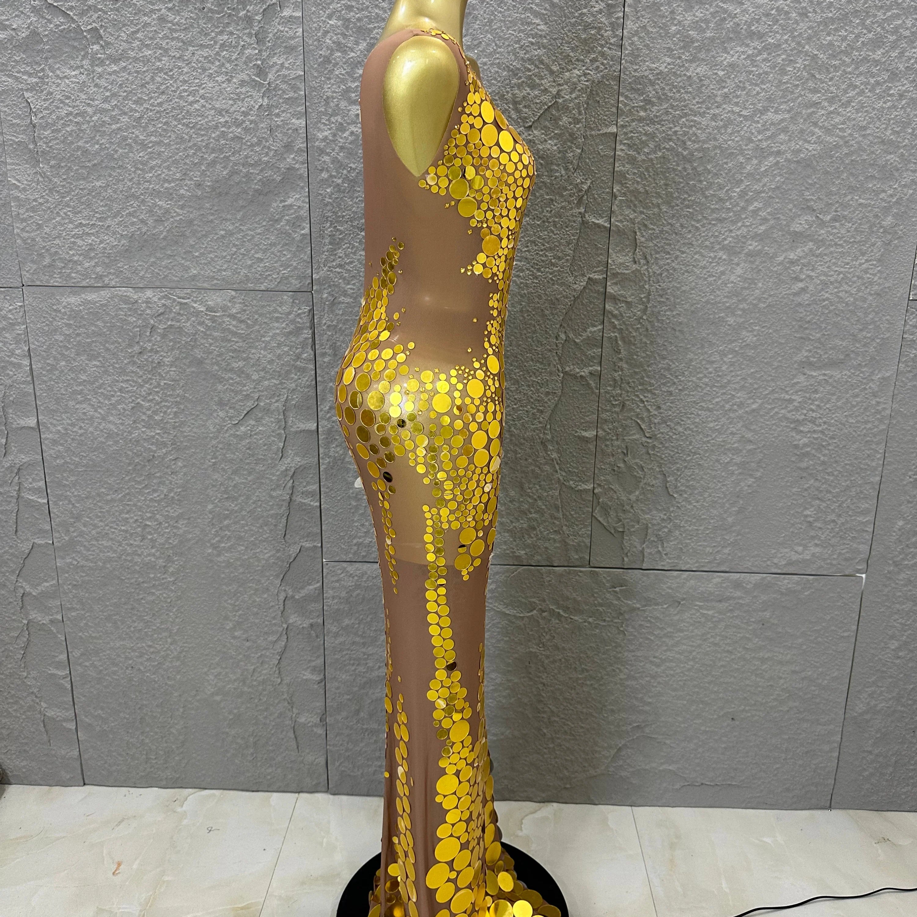 Opulent Nude Sleeveless Women Gold Sequin Dot Embellished Bodycon Stage Performance Costume Formal Event Party Costume