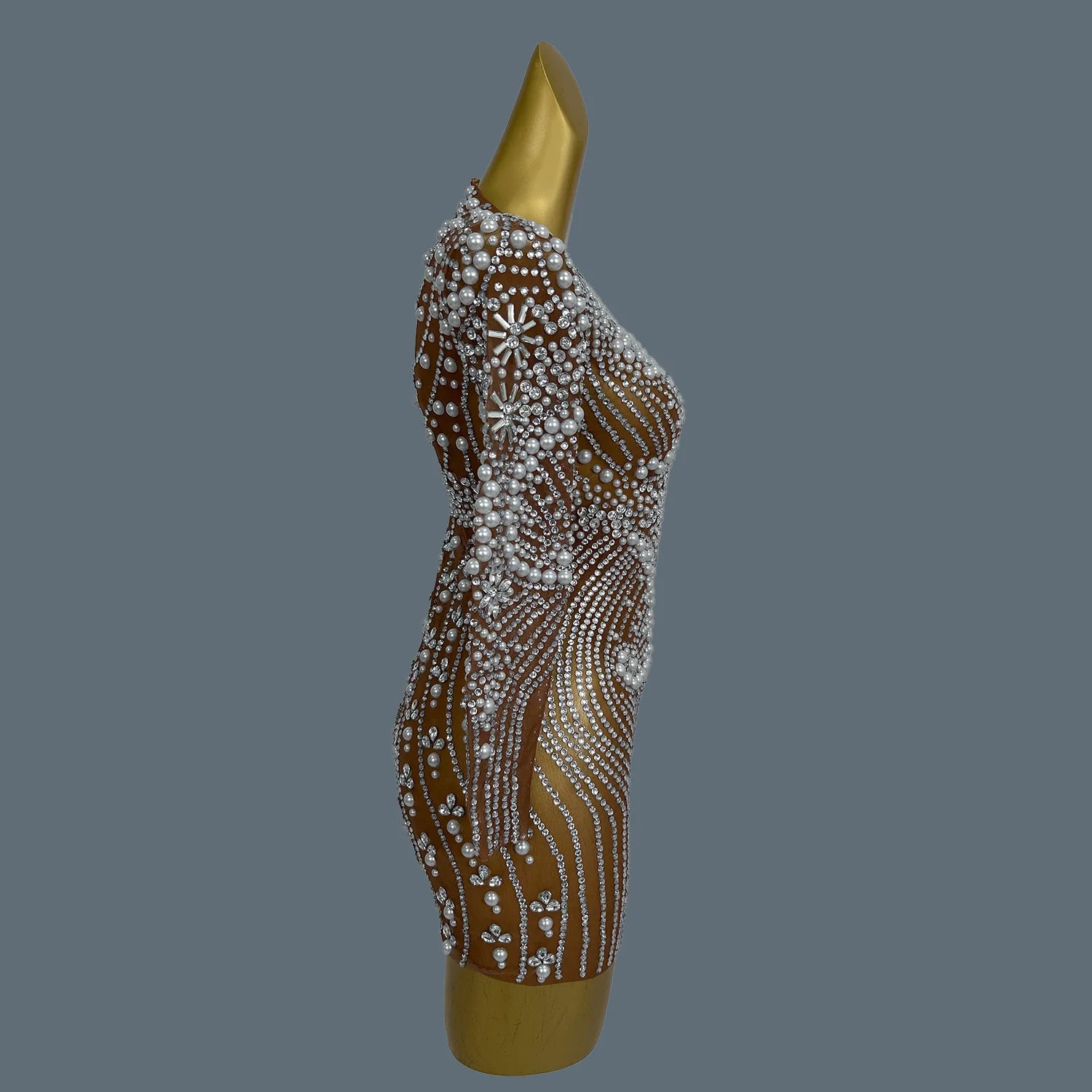 Elegant Sparkly Rhinestone Pearls Tight Short Dress for Sexy Women Luxury Dinners Party Sheer Mesh Club Chic Event Dress Huaban