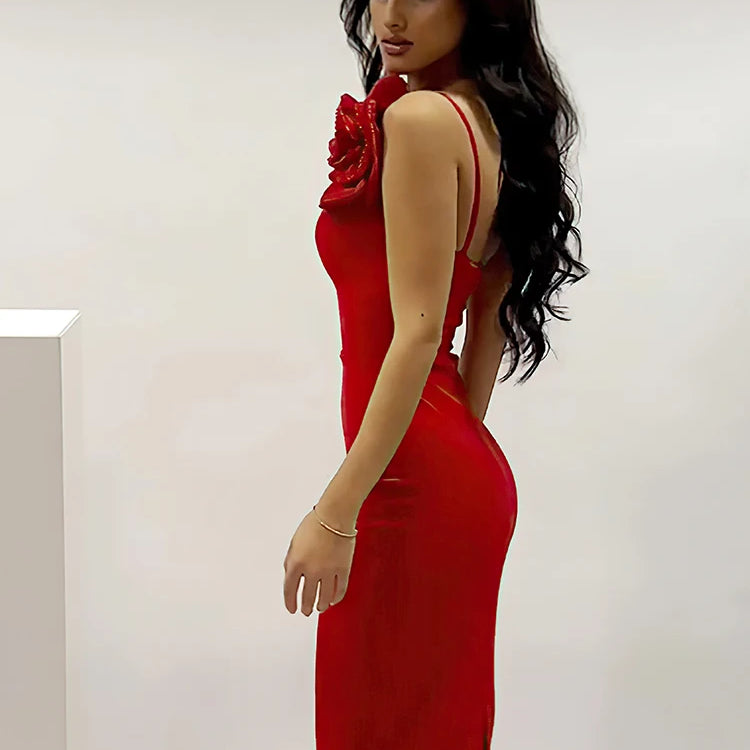 Sexy One Shoulder Diamond Flower Patchwork V Neck Backless Ankle Length Bodycon Long Dresses Evening Party Gown