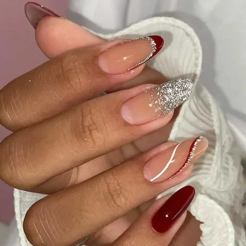 24Pcs Purple Heart Almond False Nails Artificial Simple with Glue French Wearable Fake Nails Full Cover Press on Nails Tips Art 17