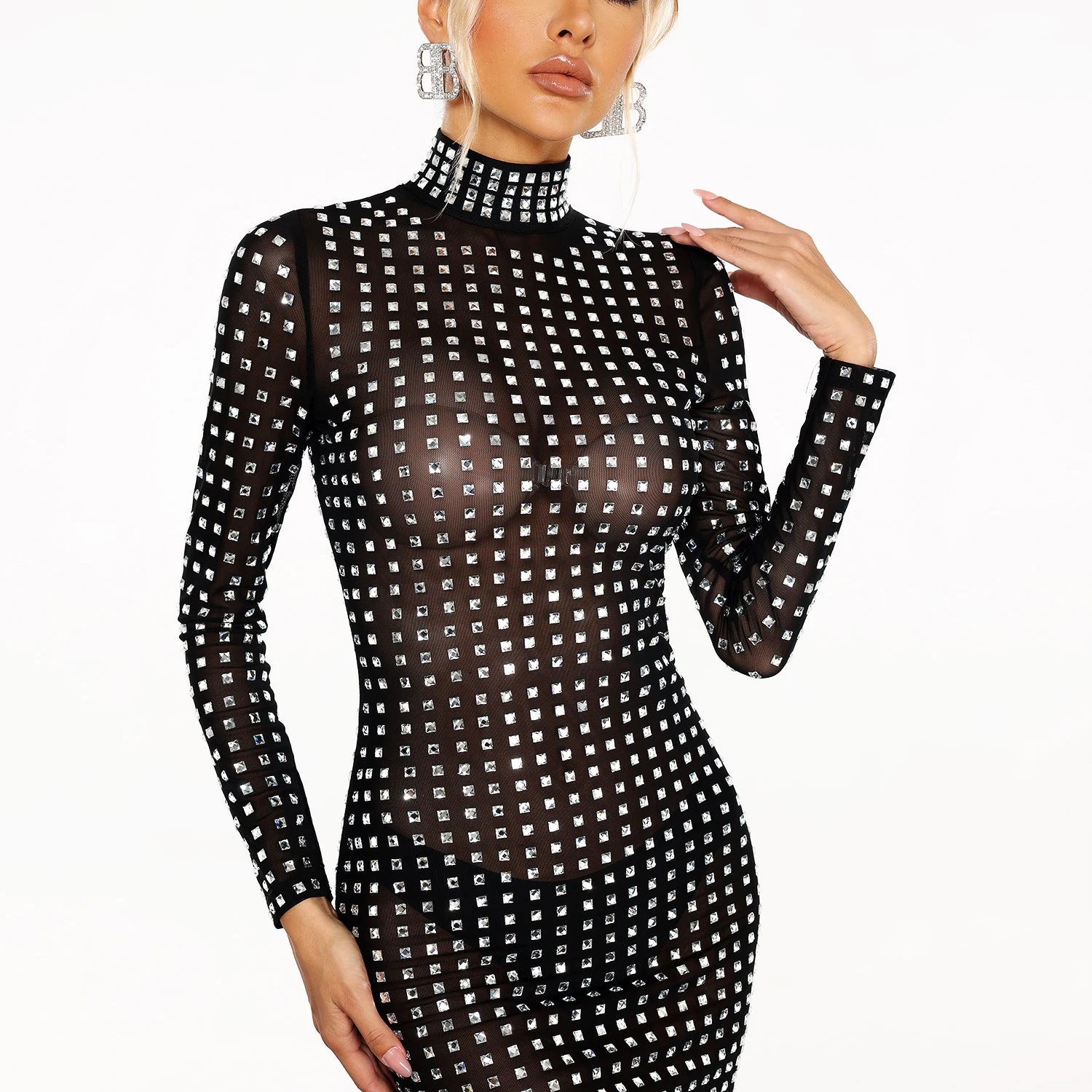 Women Long Sleeve Sexy Mesh Bodycon Mini Dress Shinning Sequins Fashion Nightclub Party Celebrate Birthday Dress black