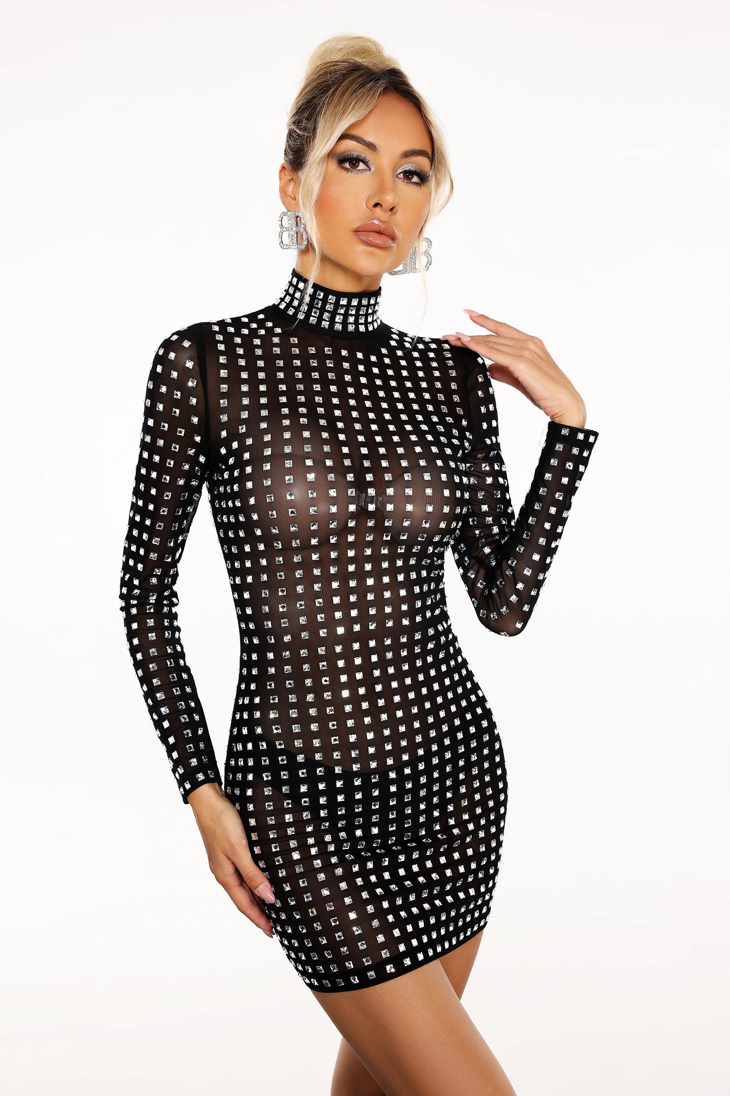 Women Long Sleeve Sexy Mesh Bodycon Mini Dress Shinning Sequins Fashion Nightclub Party Celebrate Birthday Dress black