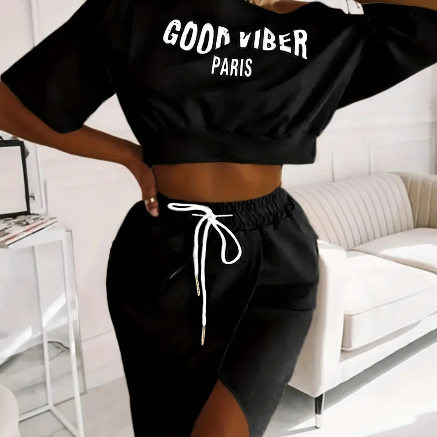 LW Plus Size Two Piece Good Viber One Shoulder Letter Print Set Crop Top+High Split Skirt Elegant Matching Outfits For Women black