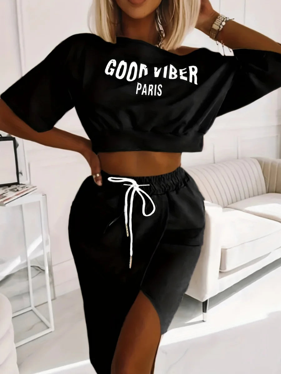 LW Plus Size Two Piece Good Viber One Shoulder Letter Print Set Crop Top+High Split Skirt Elegant Matching Outfits For Women black