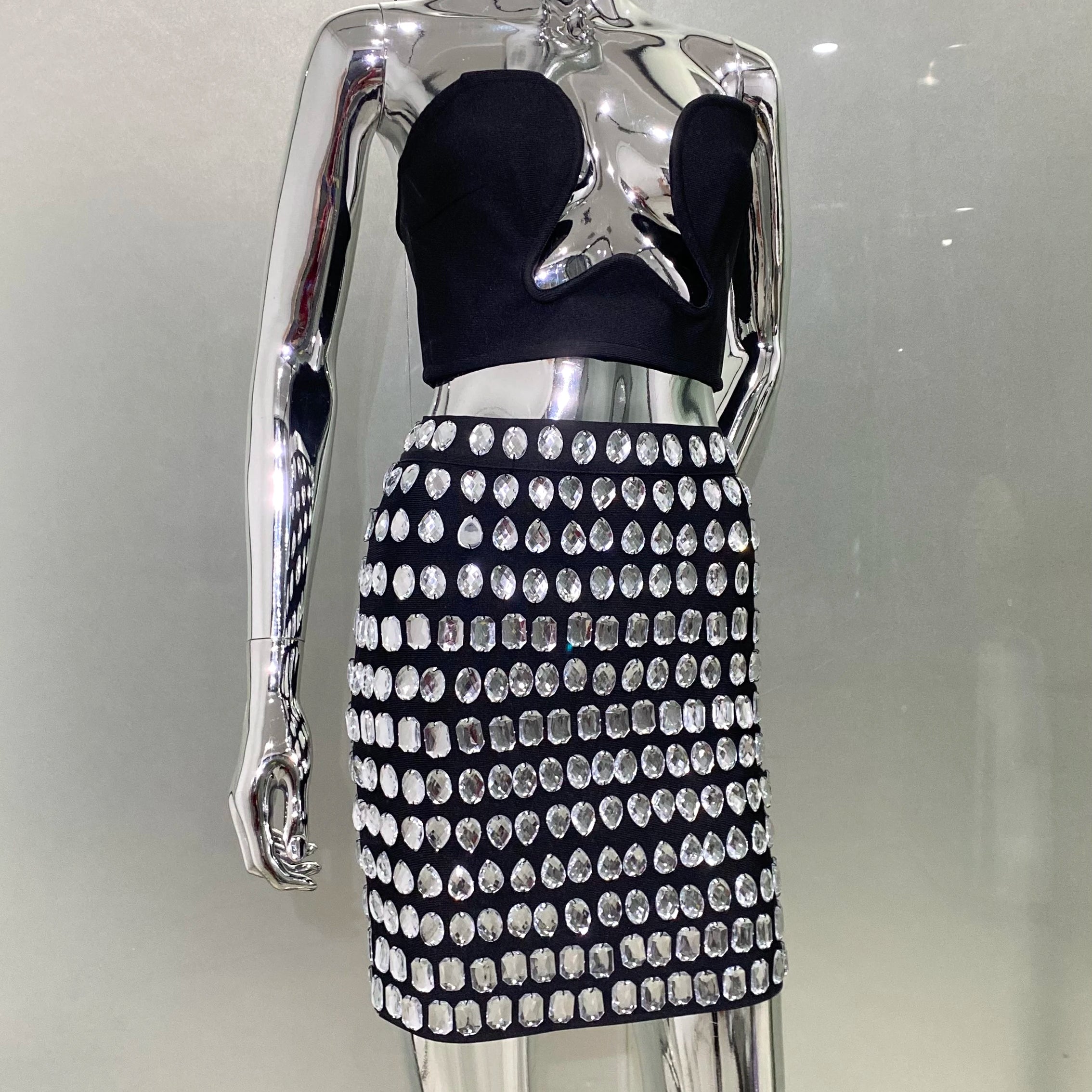 Sexy Deep V-Neck Strapless Top And Sparkling Diamonds Mini Skirt 2 Pieces Woman Set Birthday Party Vestido