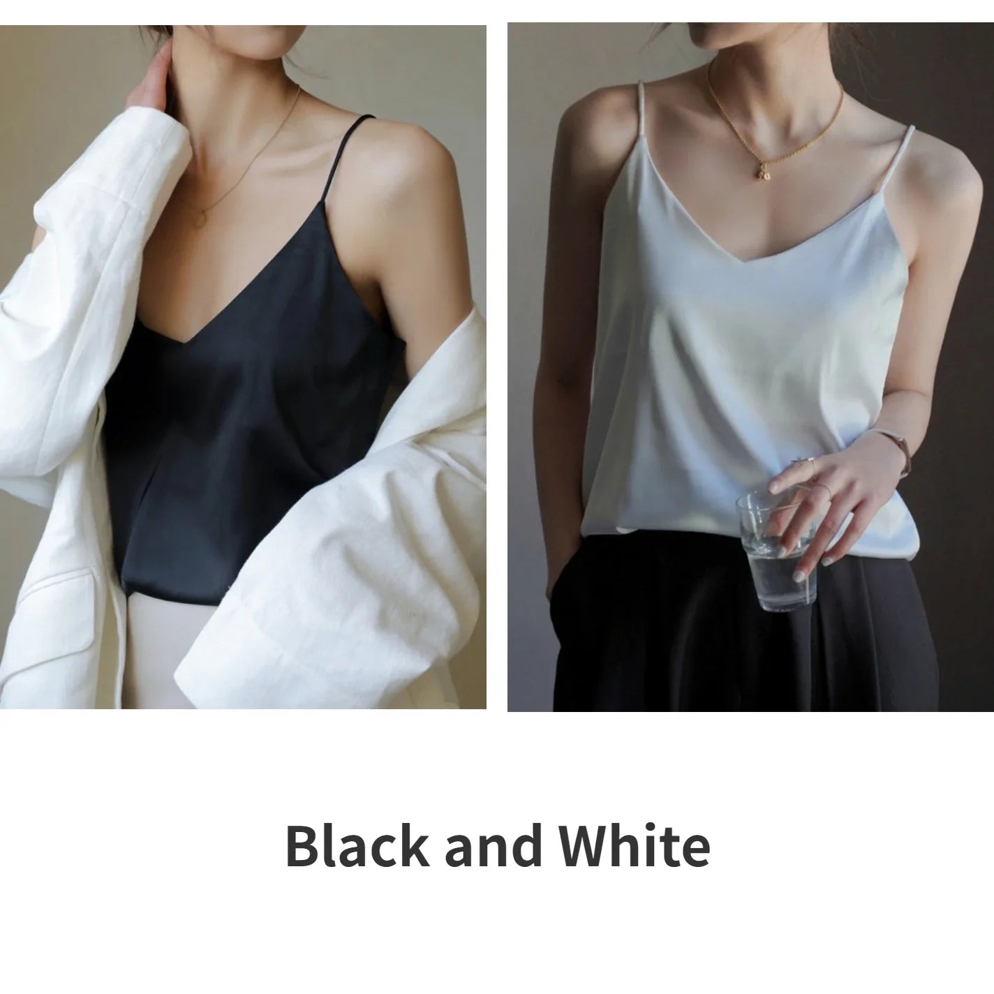 Grey Camisoles for Women Acetate SATIN Loose Summer Spaghetti Strap Tank Top Solid V-neck Fashion Sexy Backless Tanks & Camis Black and White