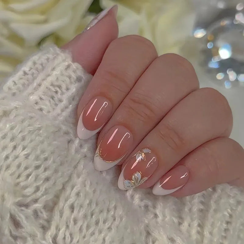 24Pcs Fashion Almond Head Full Cover Nail Tips Nude Pink Oval Press on Fake Nails Short False Nails with Red Love Pattern Design W2002