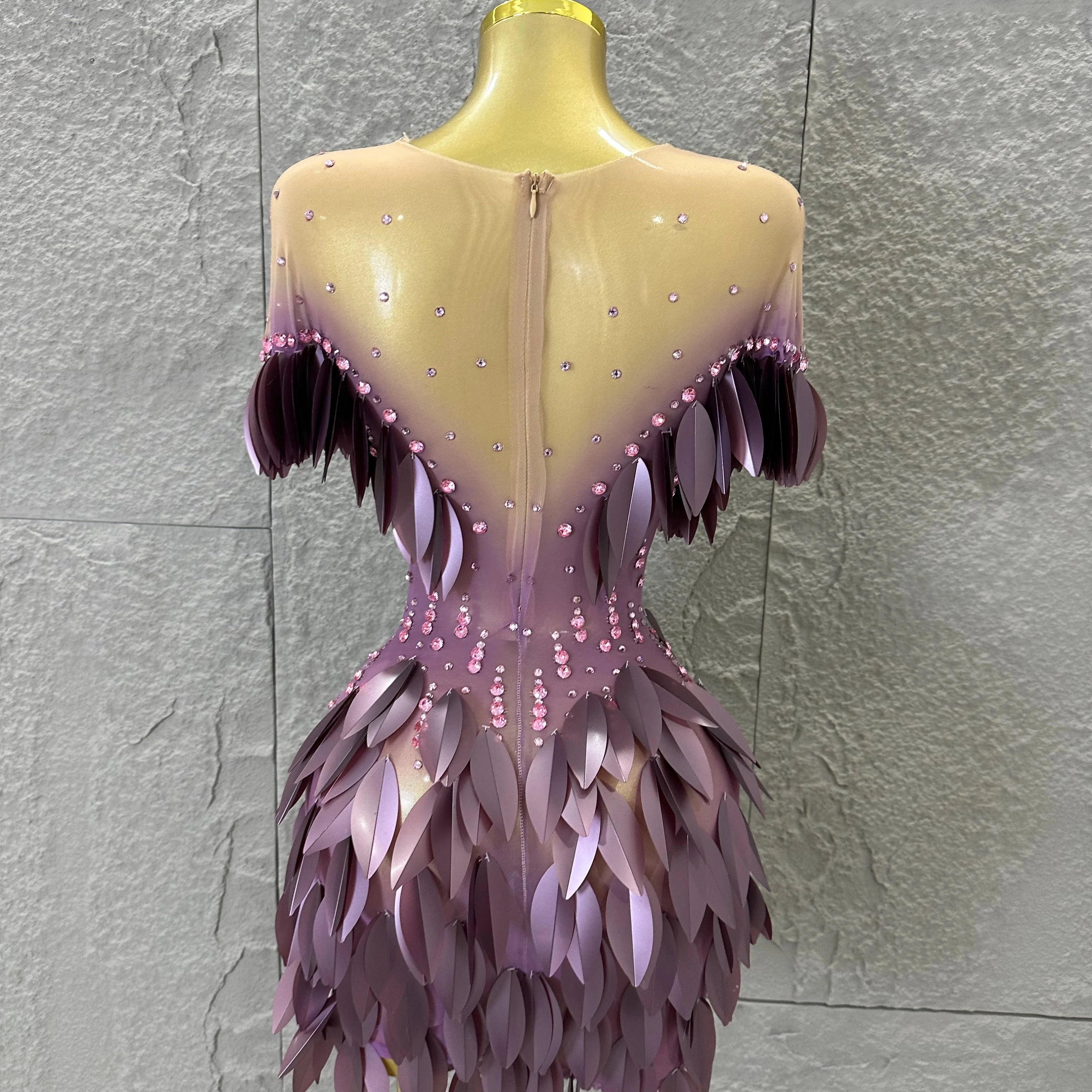 Sparkly 2026 Purple Sheer Mesh Dress Women Sexy Illusion Neck Rhinestone 3D Leaf Fringe Bodycon Evening Gala Nightclub Outfit