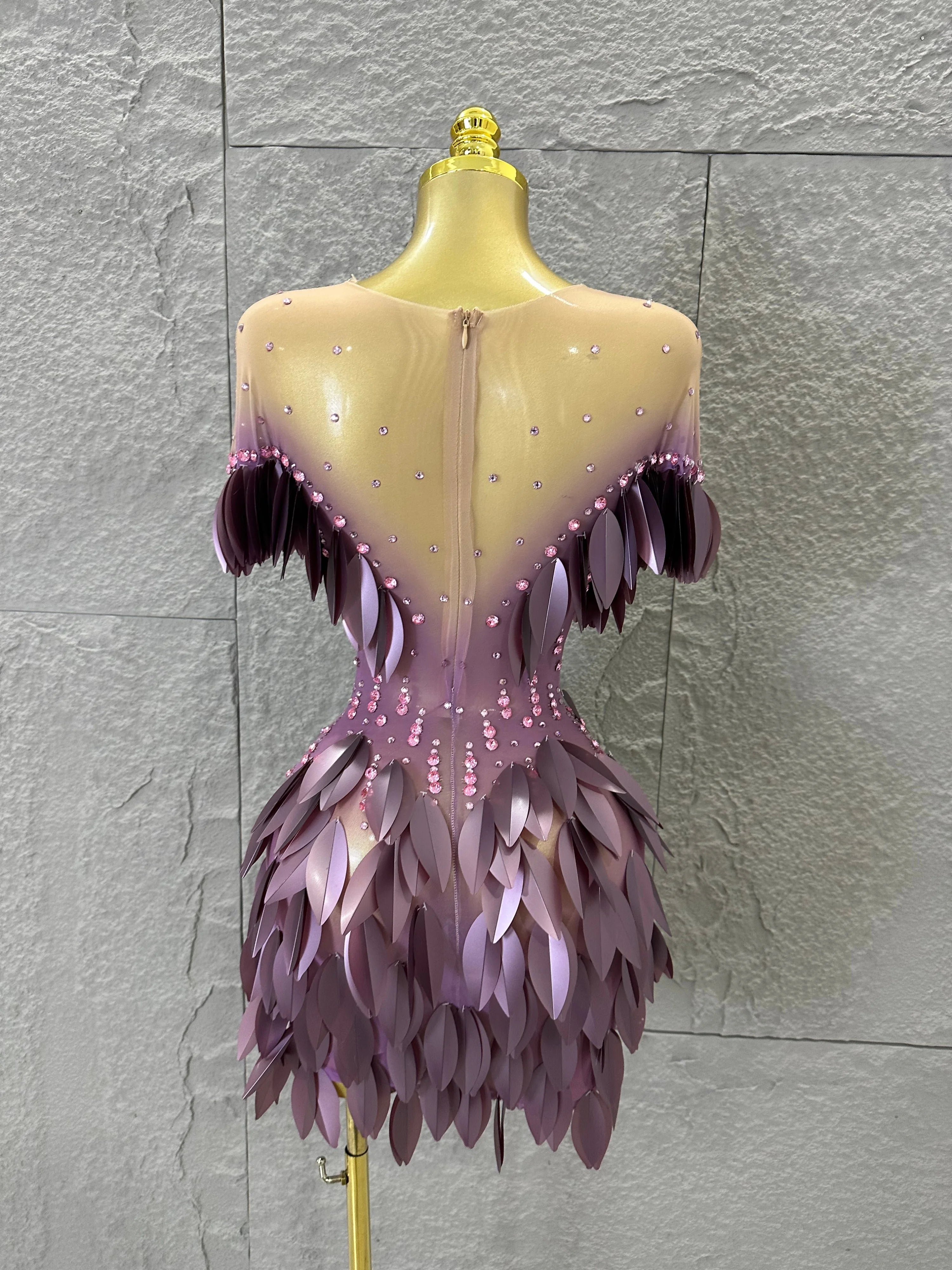 Sparkly 2026 Purple Sheer Mesh Dress Women Sexy Illusion Neck Rhinestone 3D Leaf Fringe Bodycon Evening Gala Nightclub Outfit