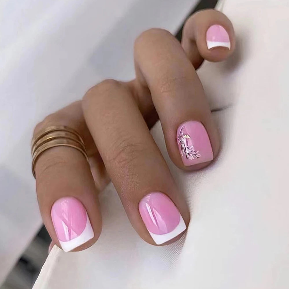 24pcs/set short medium fake nails beautiful flowers design fall winter square ballet acrylic tips press on false nail art supply 1175