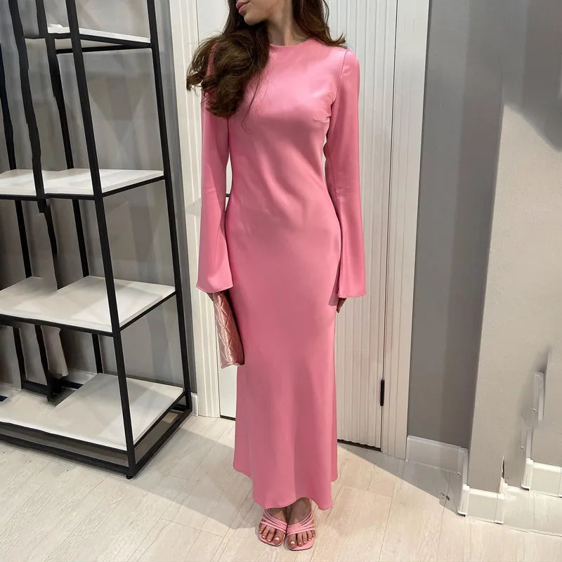 Satin Fashion Slim Maxi Dress For Women Long Sleeve High Waist Elegant Solid Party Dress Casual Luxury Ladies Autumn Dress Pink
