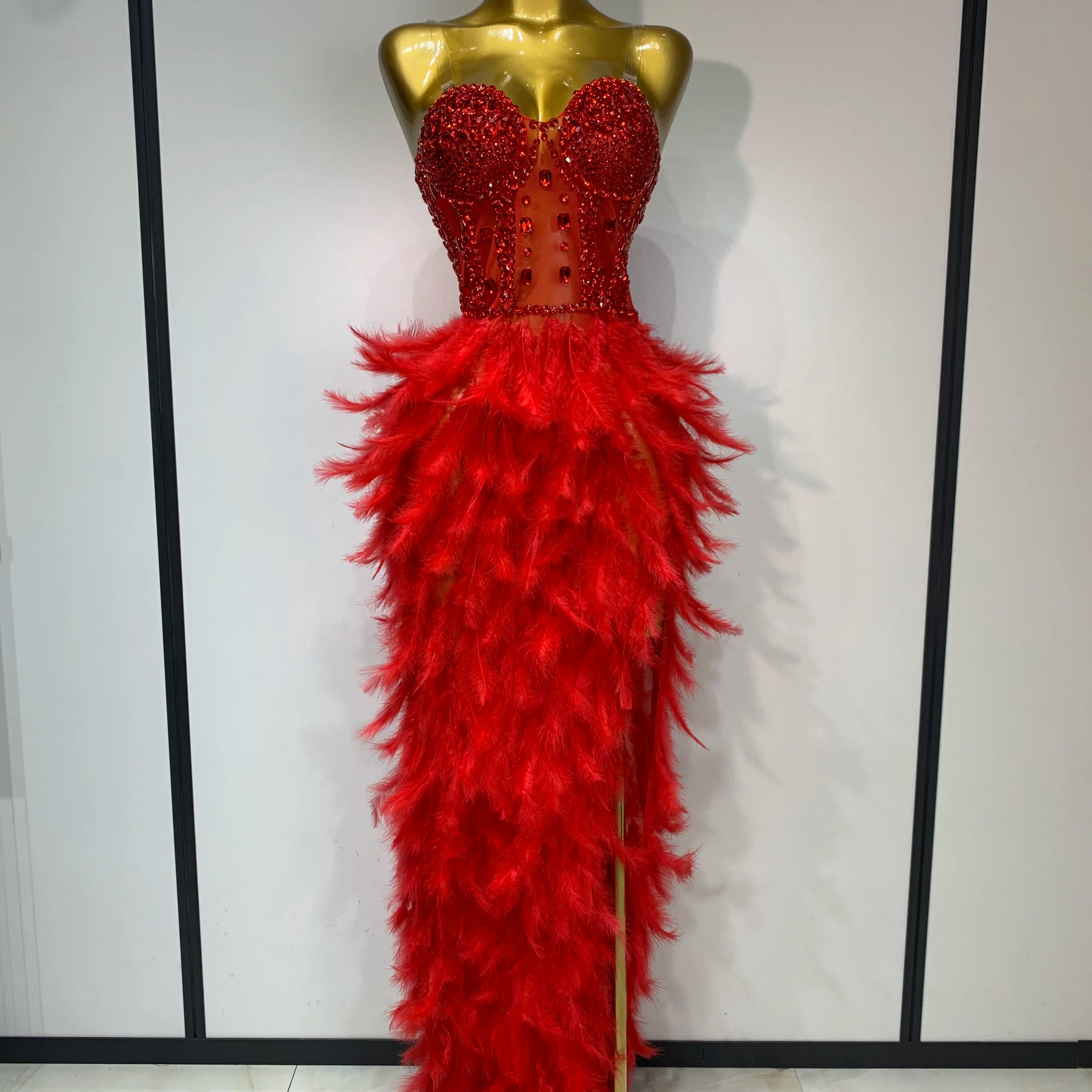 Women Sexy Sparkly Rhinestone Feather Mesh Long Dress Elegant Evening Party Celebrate Luxury Birthday Singer Stage Costume Red