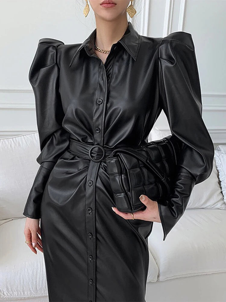 Lautaro Spring Autumn Long Fitted Soft Black Stretchy Pu Leather Shirt Dress Women Puff Sleeve Elegant Luxury Designer Clothes Black