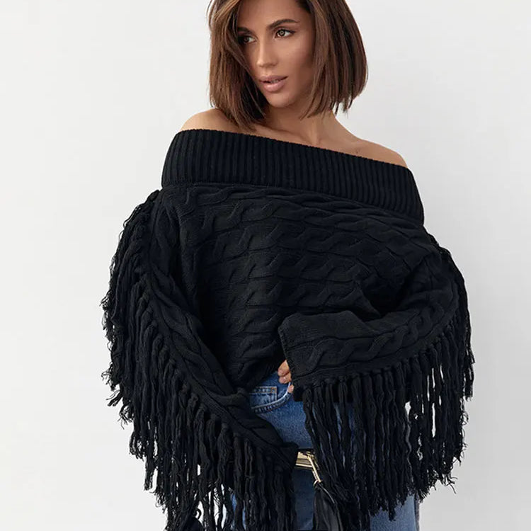 Thicken White Tassel Off Shoulder Sweater Women Elegant Slash Neck Long Sleeve Short Wool Pullover Winter Lady Knit Jumpers Black A