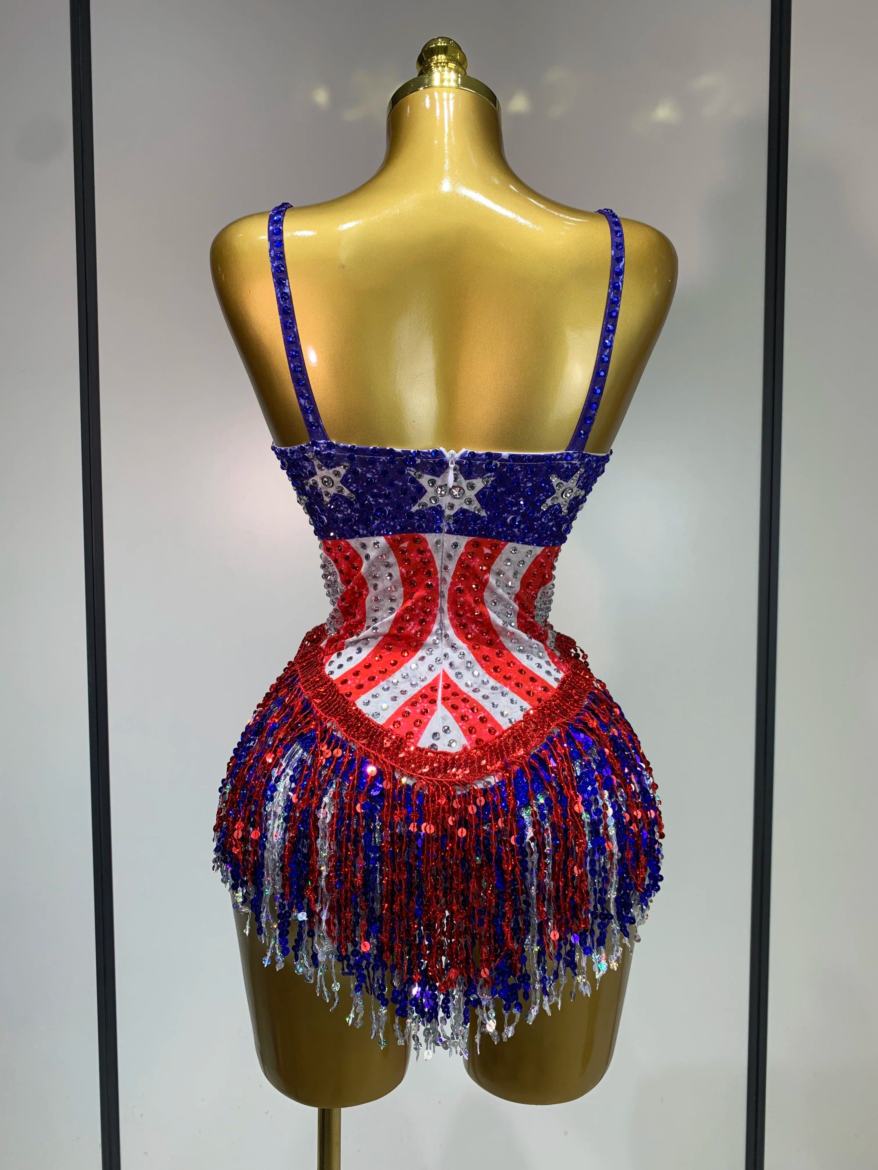 Shiny Rhinestones Tassel Bodysuit Performance Dance Singer Costume Evening Party Nightclub Stage Leotard Cheerleading Outfit