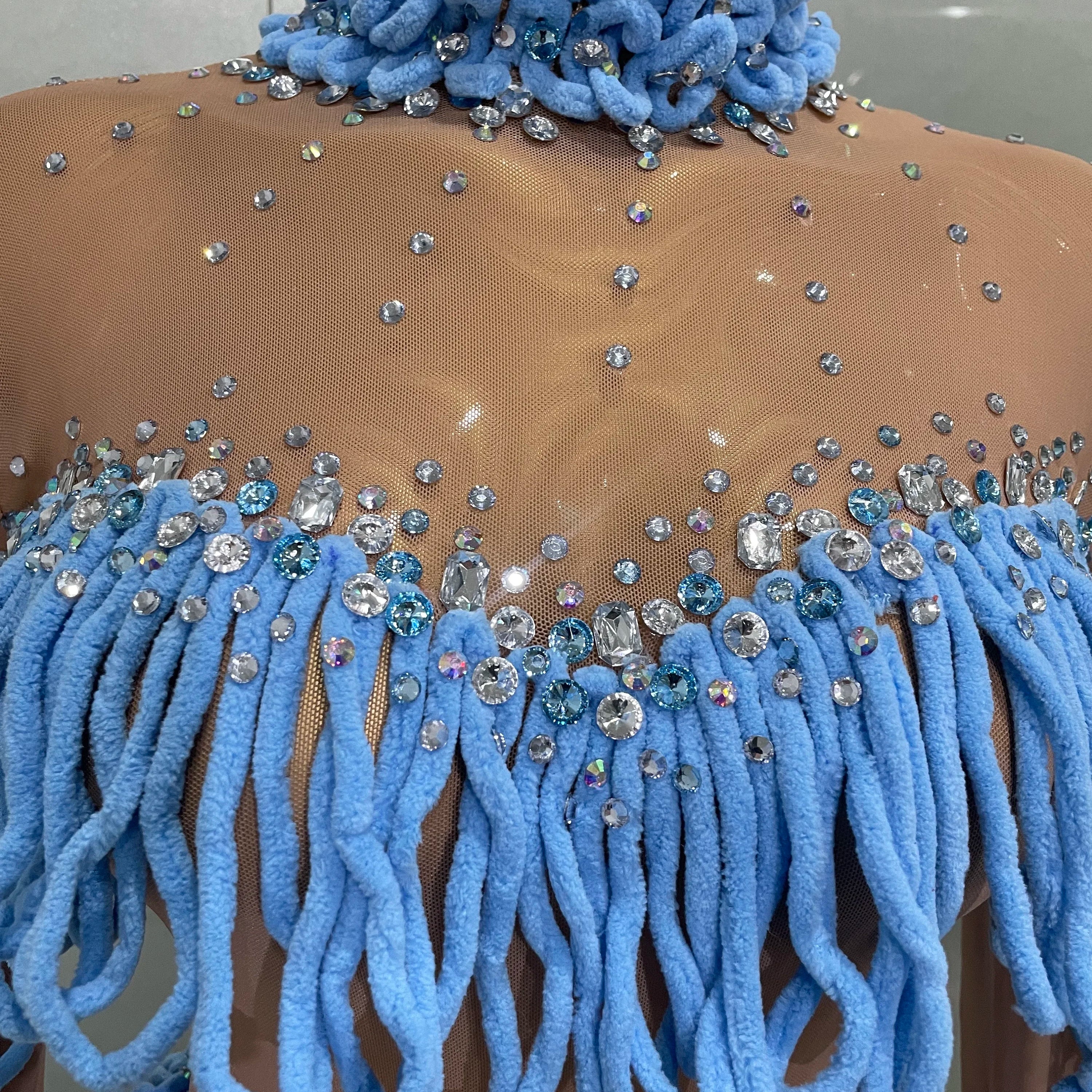 2025 New Women Shining Rhinestones Sexy Mesh Tassels Bodysuit Birthday Party Club Performance Dance DJ Leotard Show Stage Wear