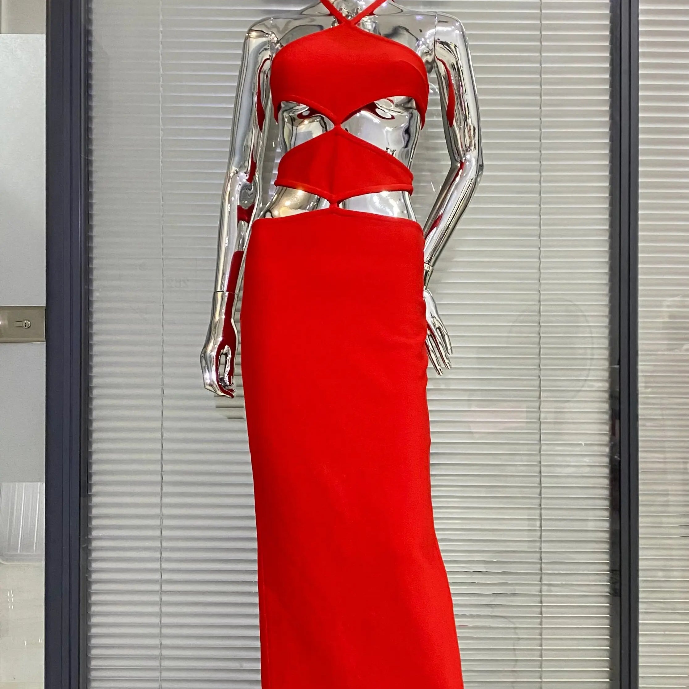 Sexy Hollow Out Sleeveless Halter Bodycon Red Long Bandage Dress Fashion's Sexy Woman Vocation Dress Summer Beach Party Vestido Red