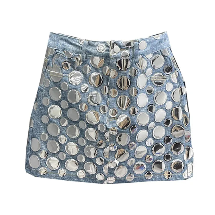 DEAT Summer New Fashion Women's Denim Skirt High Waist Circular Sequin Patchwork Wrap Hip Blue Short Mini Skirts 29L4143