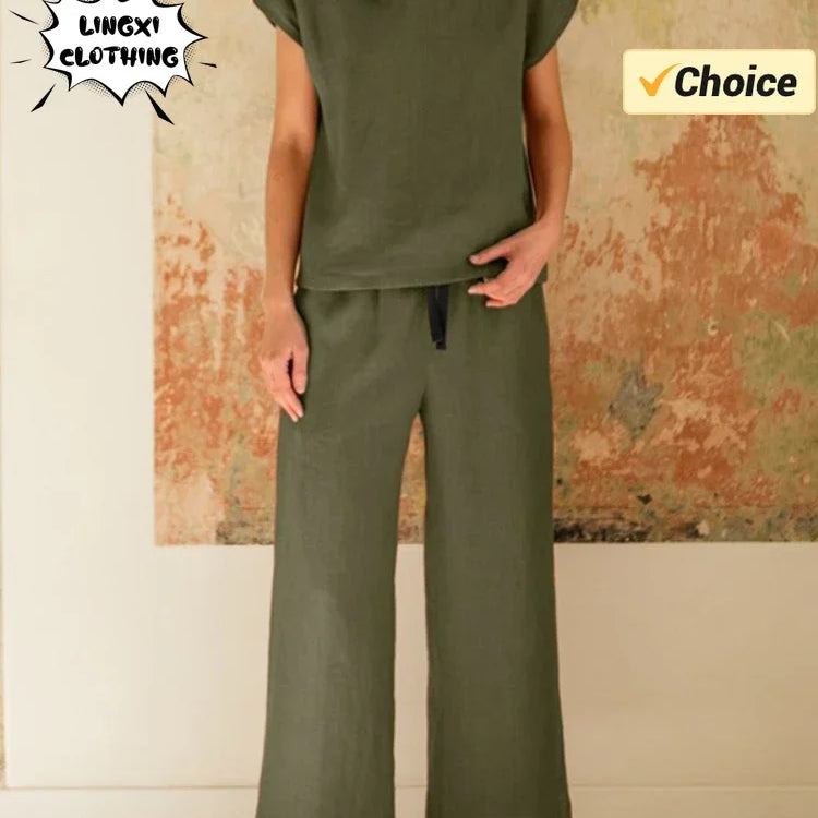 2024 New Matching Series Plus Size Women's Clothing Set Fashion Cotton and Hemp Short Sleeved Shirt Wide Leg Pants Two Piece Set