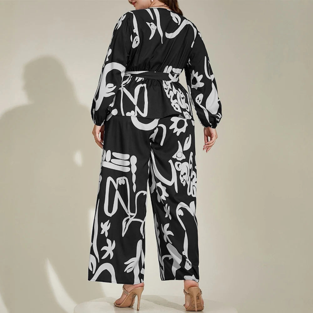 Plus Size Rafiah Women's Summer Sets 2025 Daily Long Sleeve V-Neck Top Full Length High Waist Pants Full Print Casual Sets