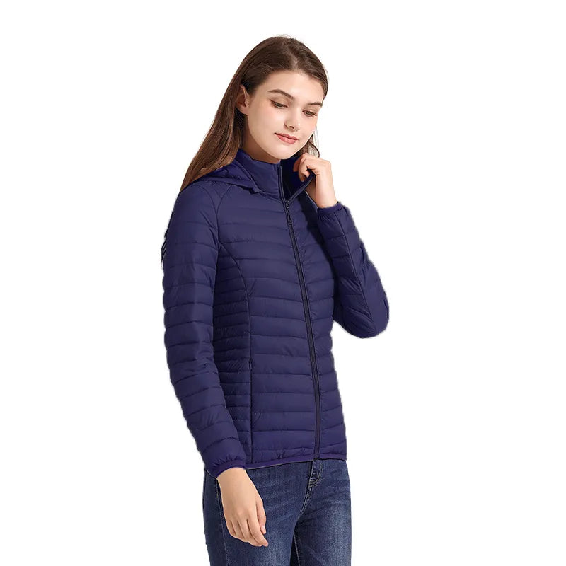 Winter Parka Ultralight Padded Puffer Jacket For Women Coat With Hood Outdoor Warm Lightweight Outwear With Storage Bag Navy