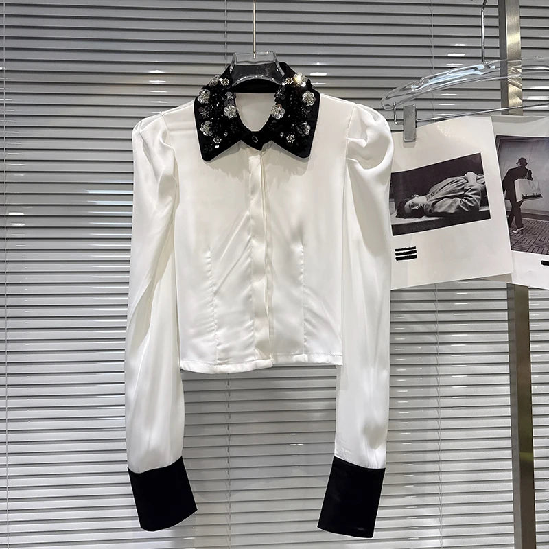 Winter New Elegant Fashion Sequin Embroidery Flower Collar Contrast Heavy Industry Shirt For Women Casual Top 11A07560 White