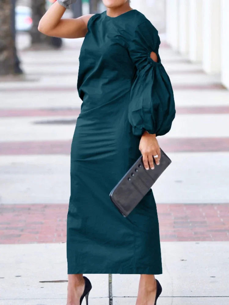 Women Cutout One Long Sleeve Ruched Side Split Maxi Bodycon Midi Dress 2023 Winter Vintage Sexy Party Dresses Vestidos Blue