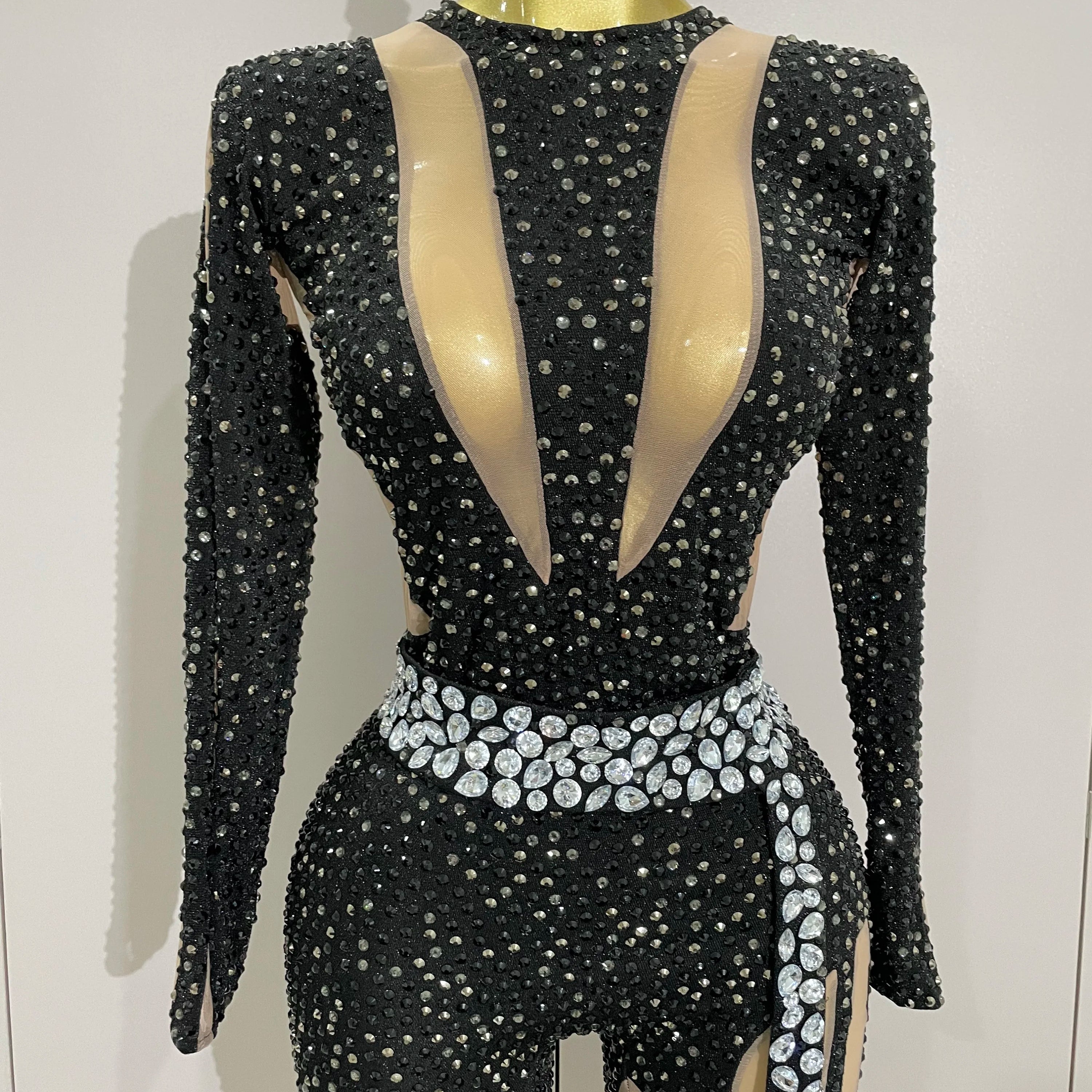 2025Sexy Sparkly Full Diamond Black Perspective Waist Cinching Asymmetrical Mesh Jumpsuit Birthday Party Nightclub Stage Costume