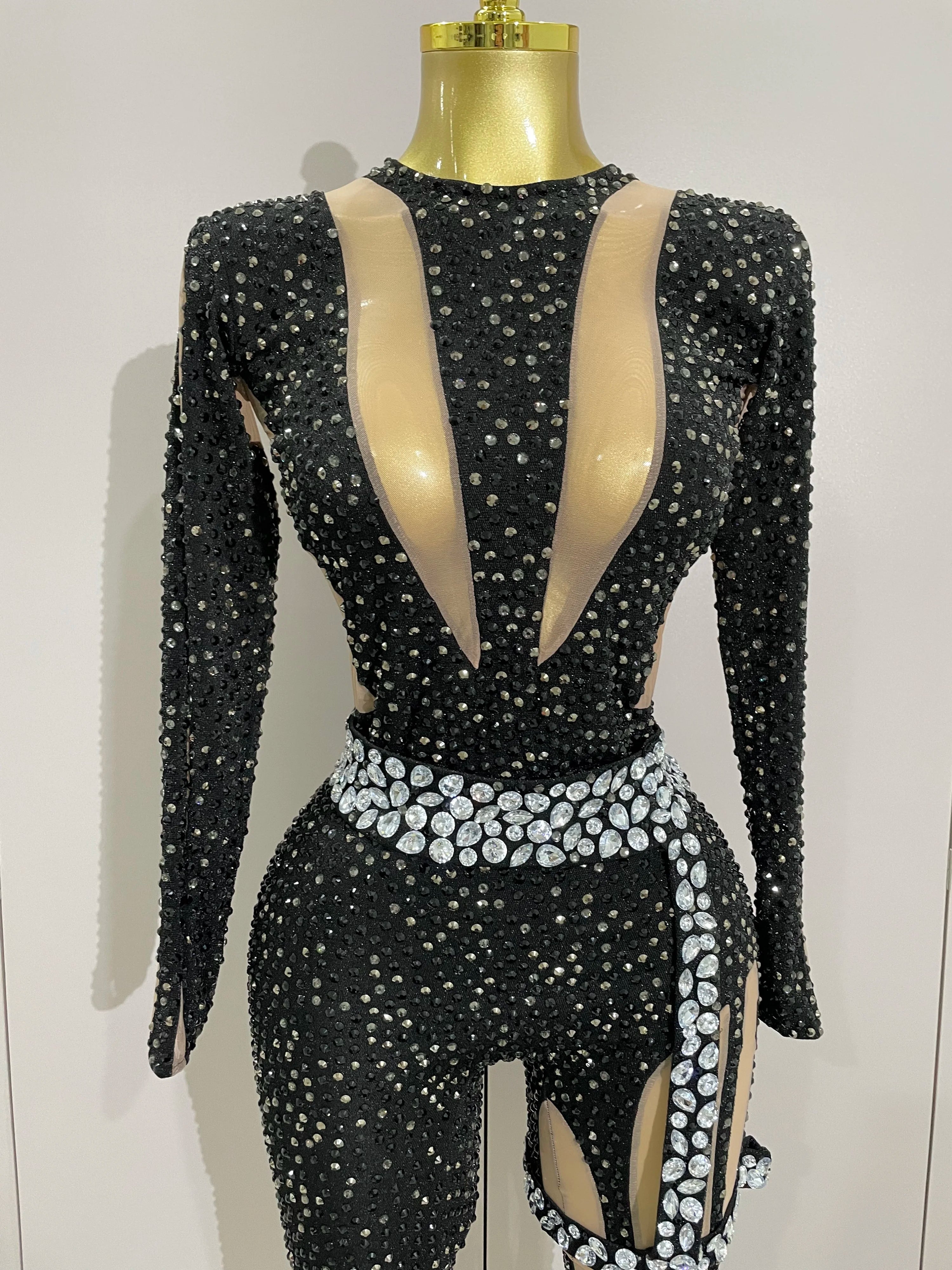 2025Sexy Sparkly Full Diamond Black Perspective Waist Cinching Asymmetrical Mesh Jumpsuit Birthday Party Nightclub Stage Costume