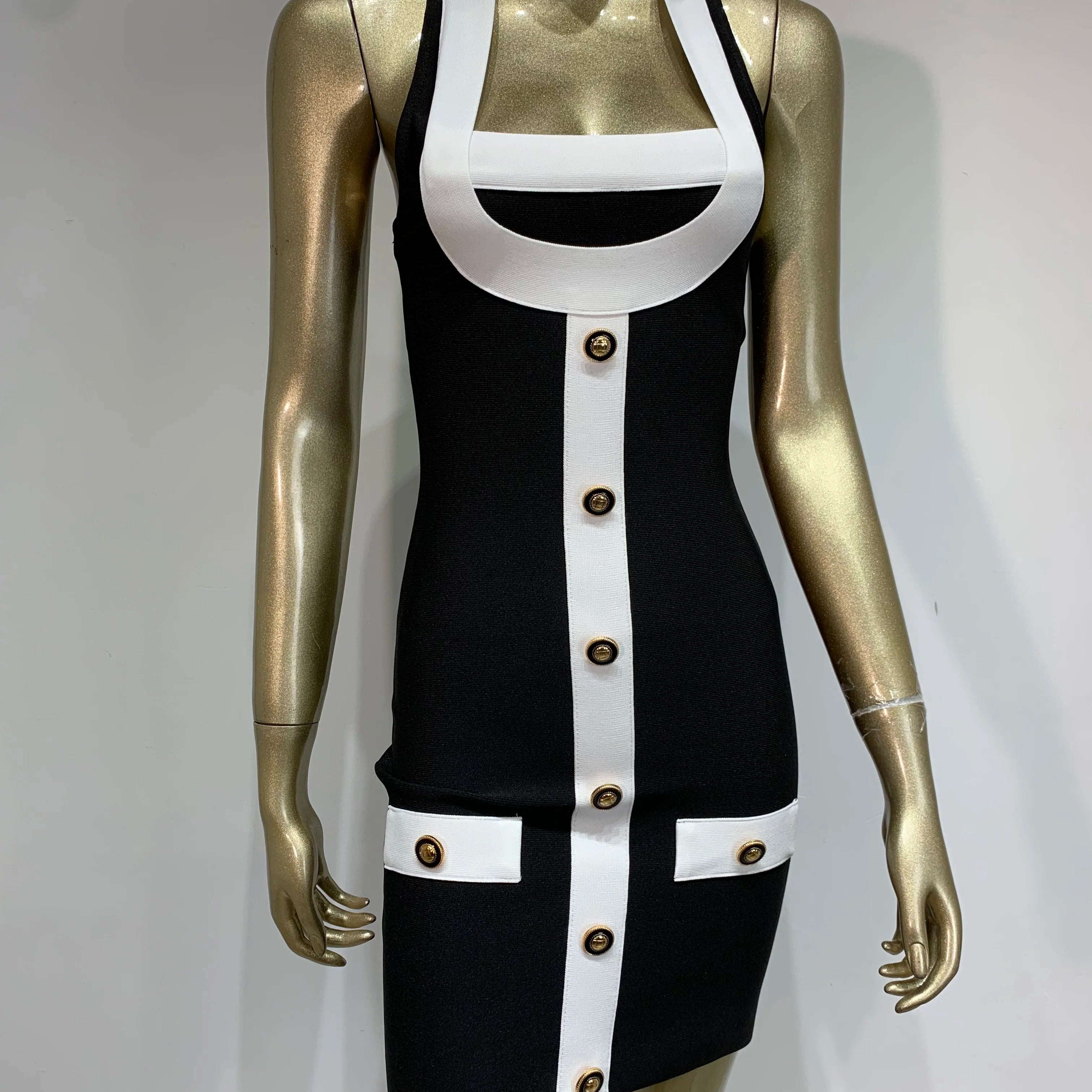 Women Celebrity Sexy Backless Halter Button Bodycon Black Mini Bandage Dress 2025 Elegant Evening Club Party Outfit
