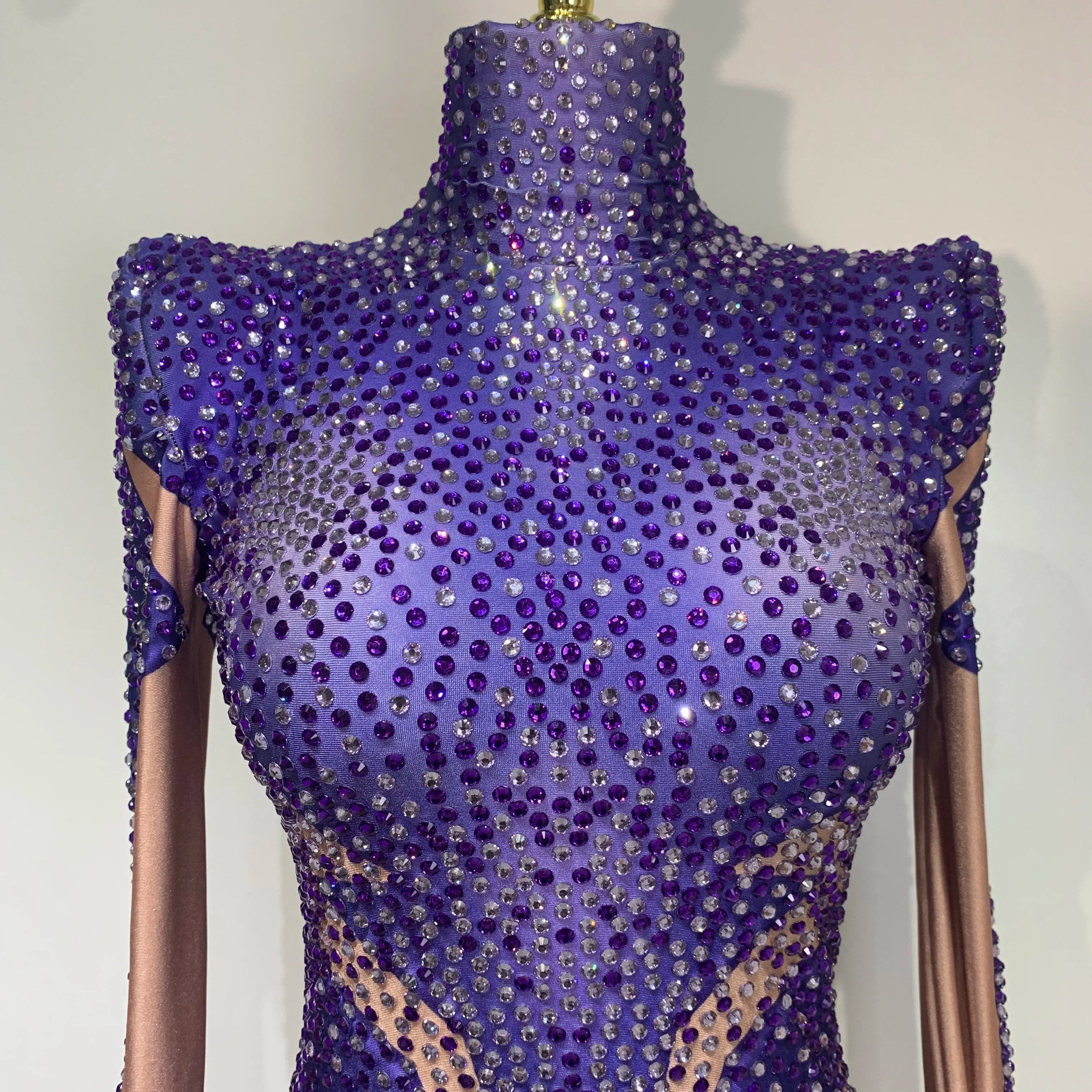 Luxury Rhinestone Elastic Long Sleeved Bodysuit 2025 Club Singer Dancer Stage Performa Costume Evening Party Outfit