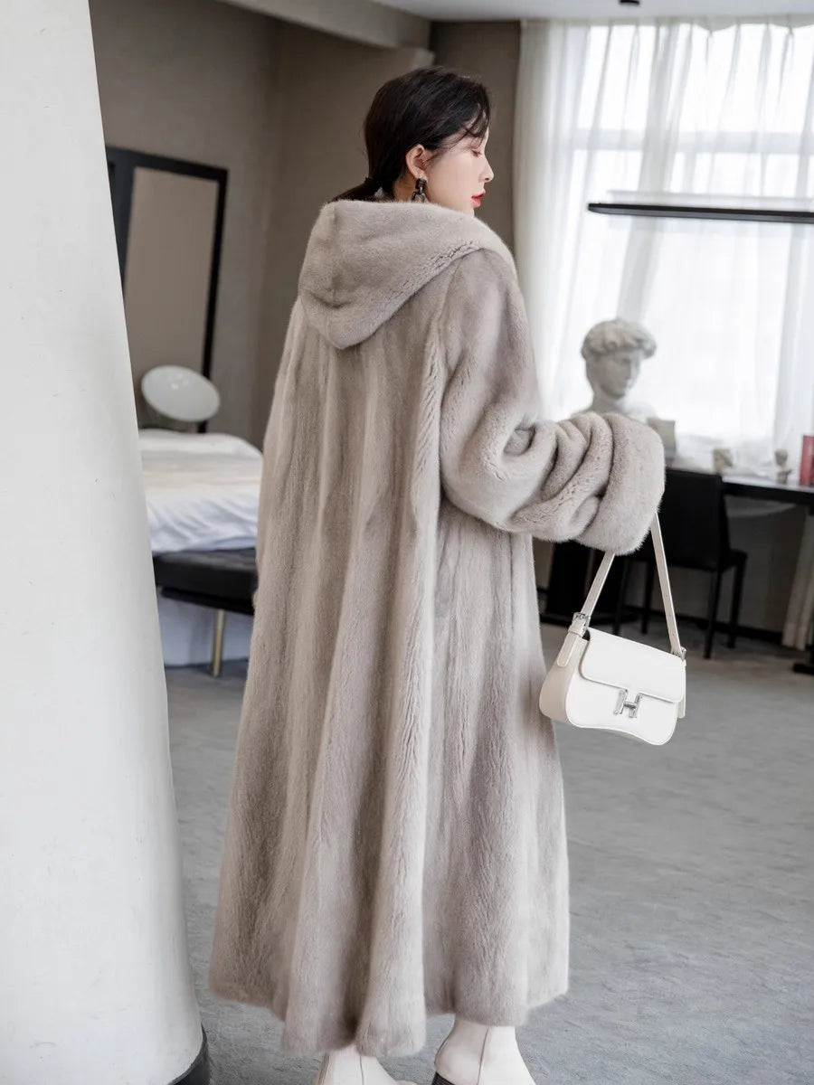 Lautaro Autumn Winter Long Luxury Elegant Thick Warm Fluffy Soft Faux Mink Fur Coat Women with Hood Loose Furry Overcoat 2025
