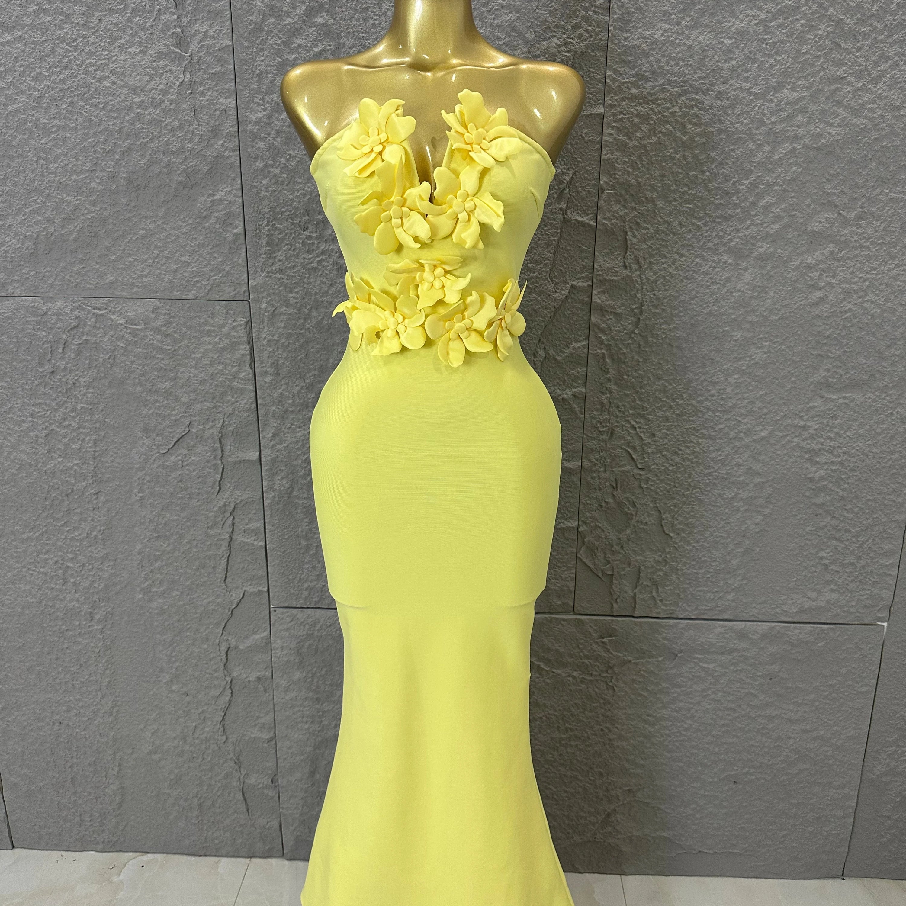 Elegant Yellow Strapless Sweetheart Neck Mermaid Dress 3D Flower Fitted Flare Hem Evening Birthday Gala Banquet Party Outfit Yellow