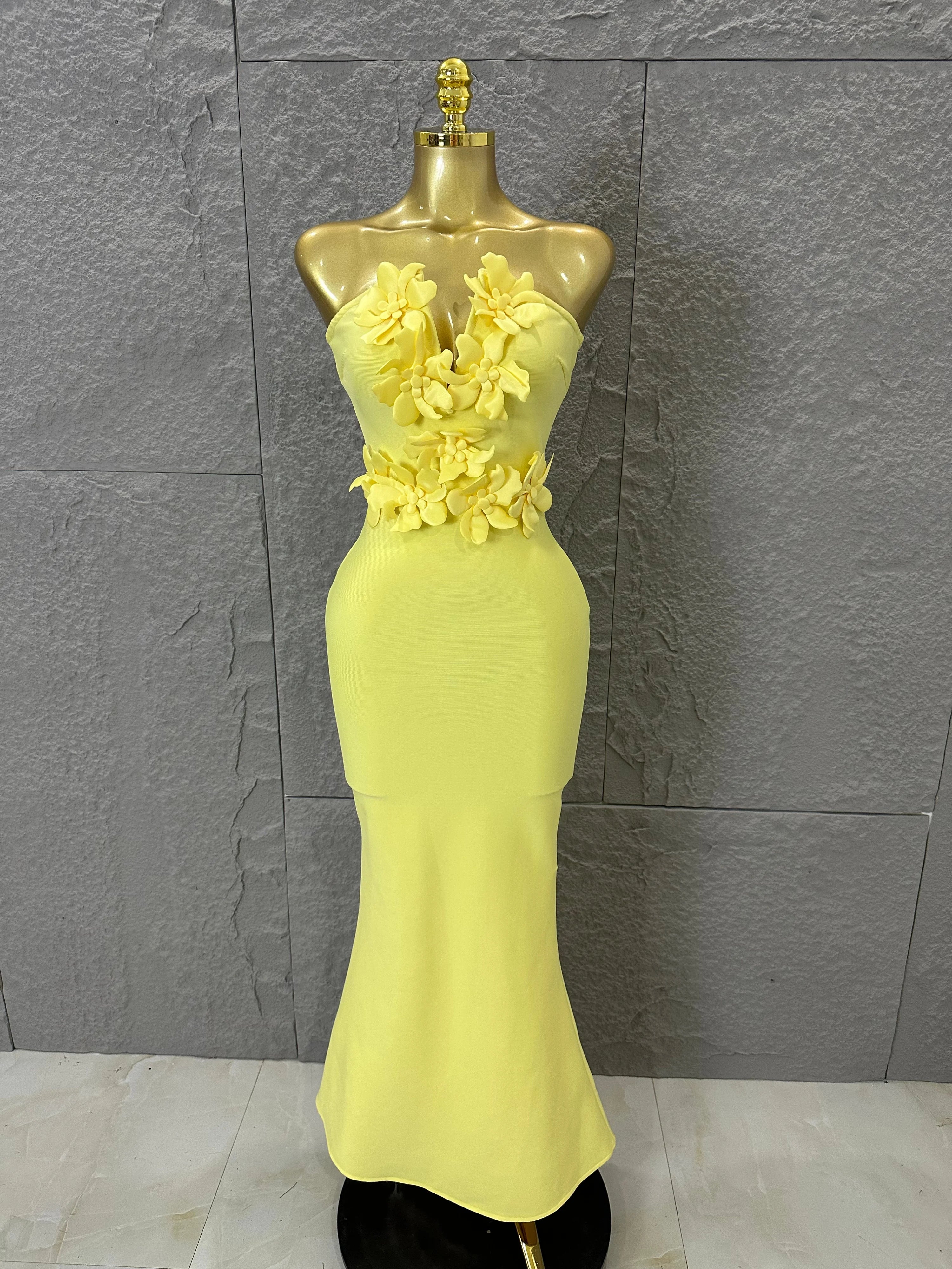 Elegant Yellow Strapless Sweetheart Neck Mermaid Dress 3D Flower Fitted Flare Hem Evening Birthday Gala Banquet Party Outfit Yellow