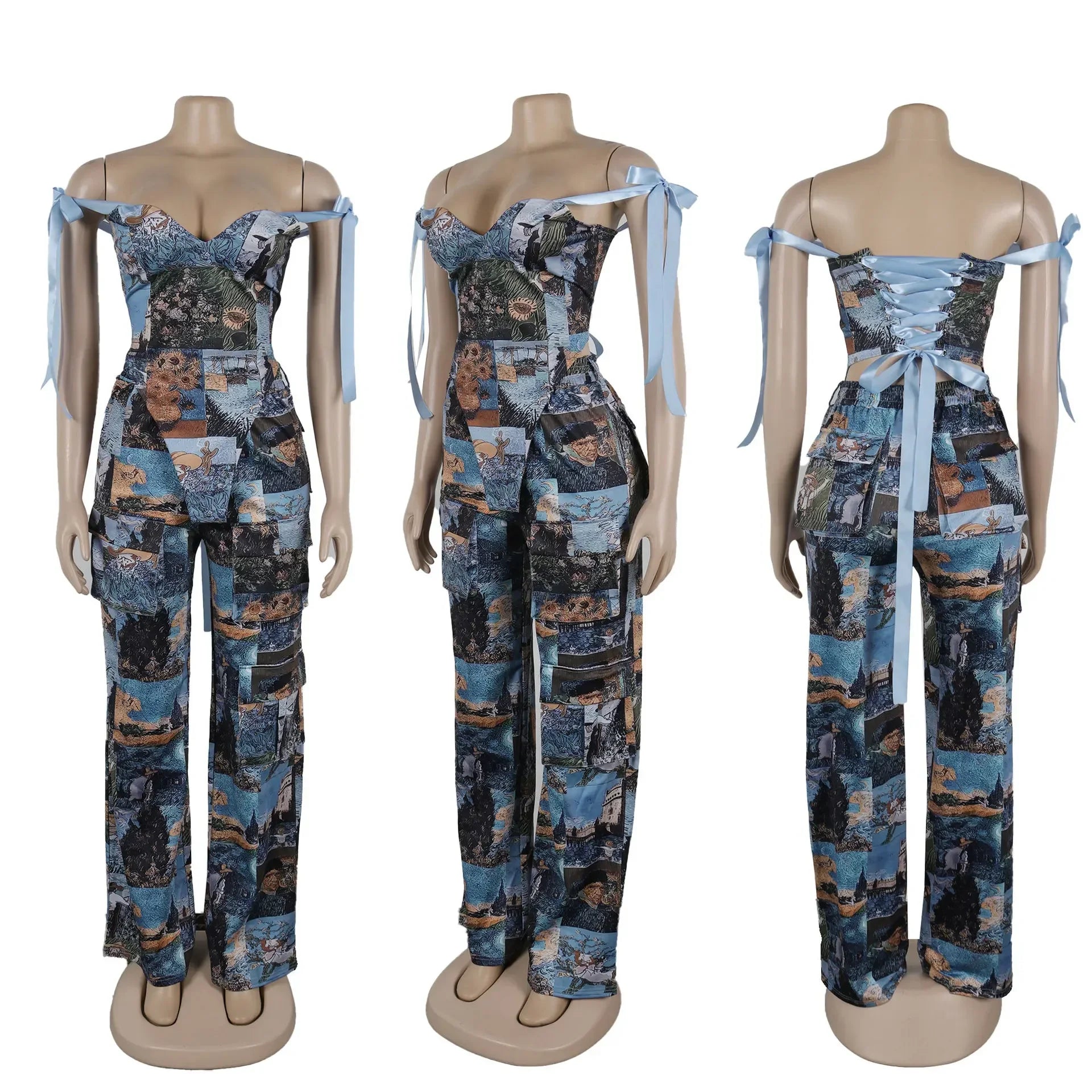 CM.YAYA Oil Painting Printed Women's Set Lace Up Back Crop Top and Pants Suit 2024 Fall Winter Two 2 Piece Sets Outfit Tracksuit