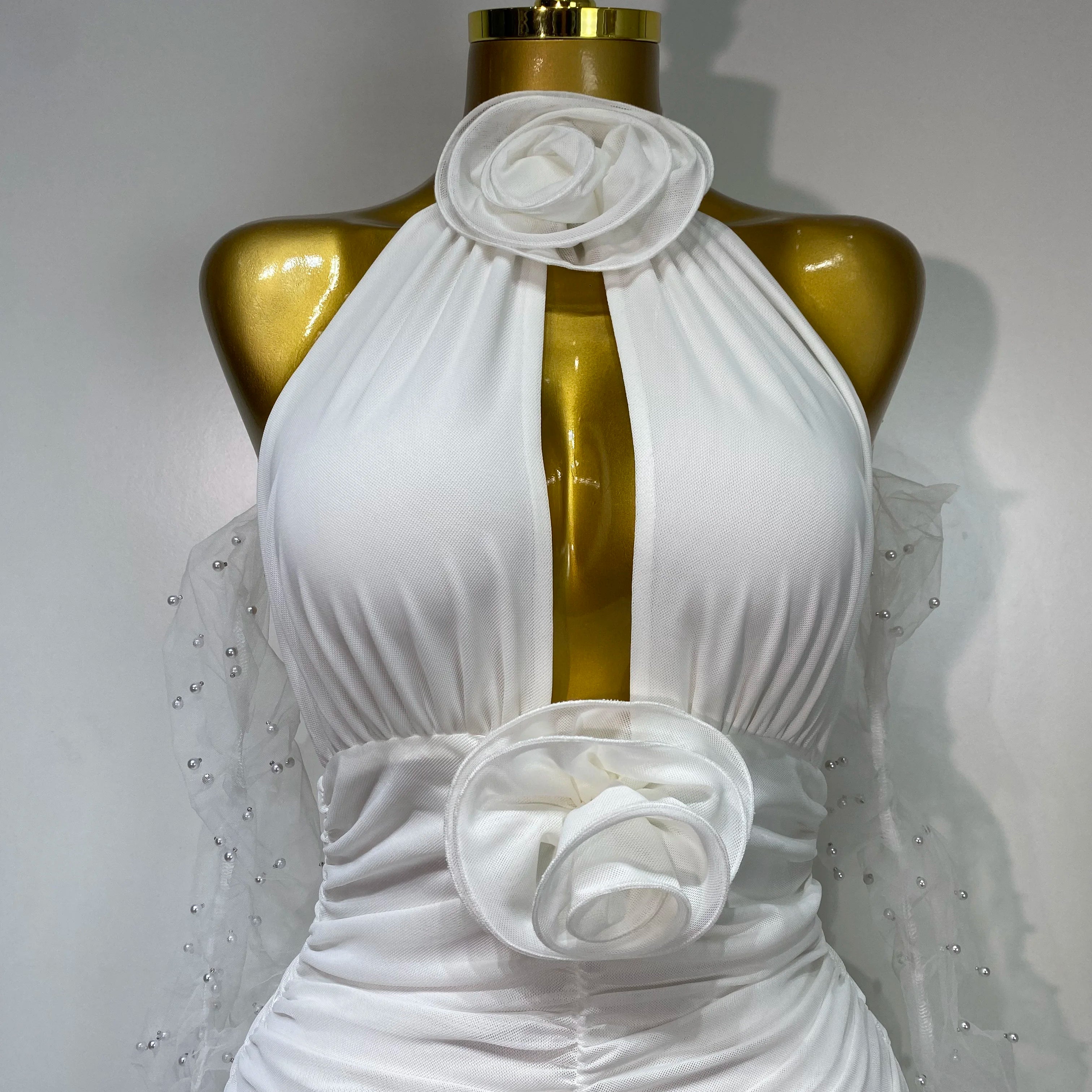 Women Sexy Cut Out Flower Pleated Bodycon Long Dress Celebrity White Elegant Evening Party Cocktail Luxury Birthday Dress