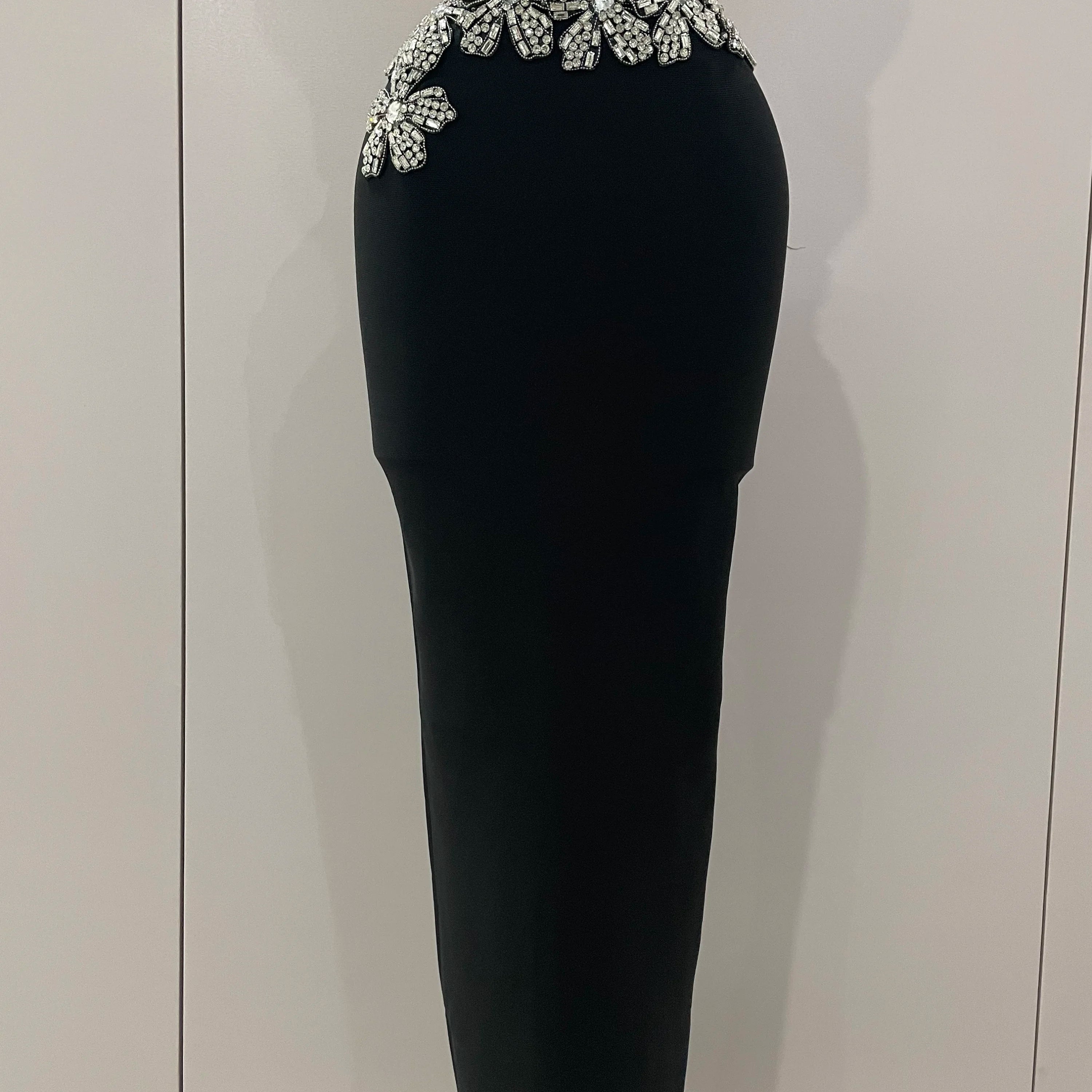 Sexy Strapless Flower Diamonds Black Maxi Long Bandage Two Piece Set 2025 Women Knitted Elegant Evening Club Party Prom Gowns