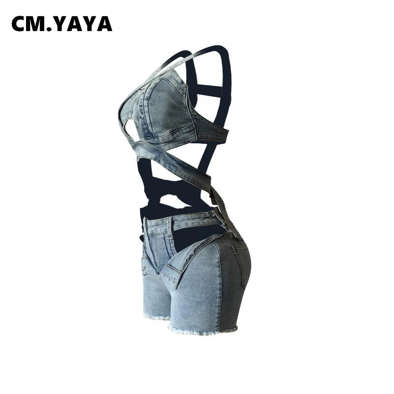 CM.YAYA Sexy Holiday Denim Women's Set Halter Neck Crop Tops and Ripped Out Shorts Jeans 2025 Summer Two 2 Piece Sets Outfit